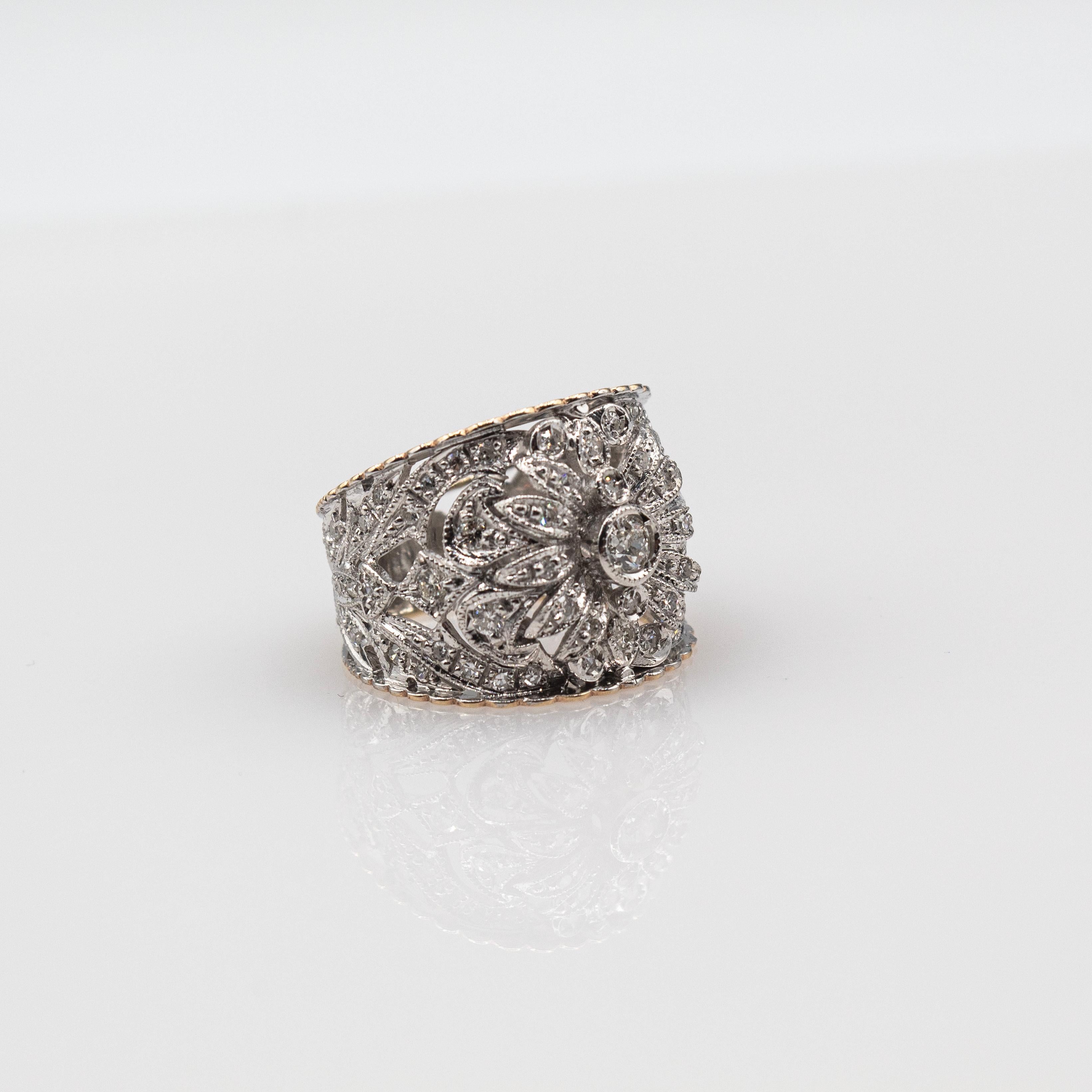 Art Deco Style Handcrafted White Modern Round Cut Diamond Yellow Gold Band Ring For Sale 7