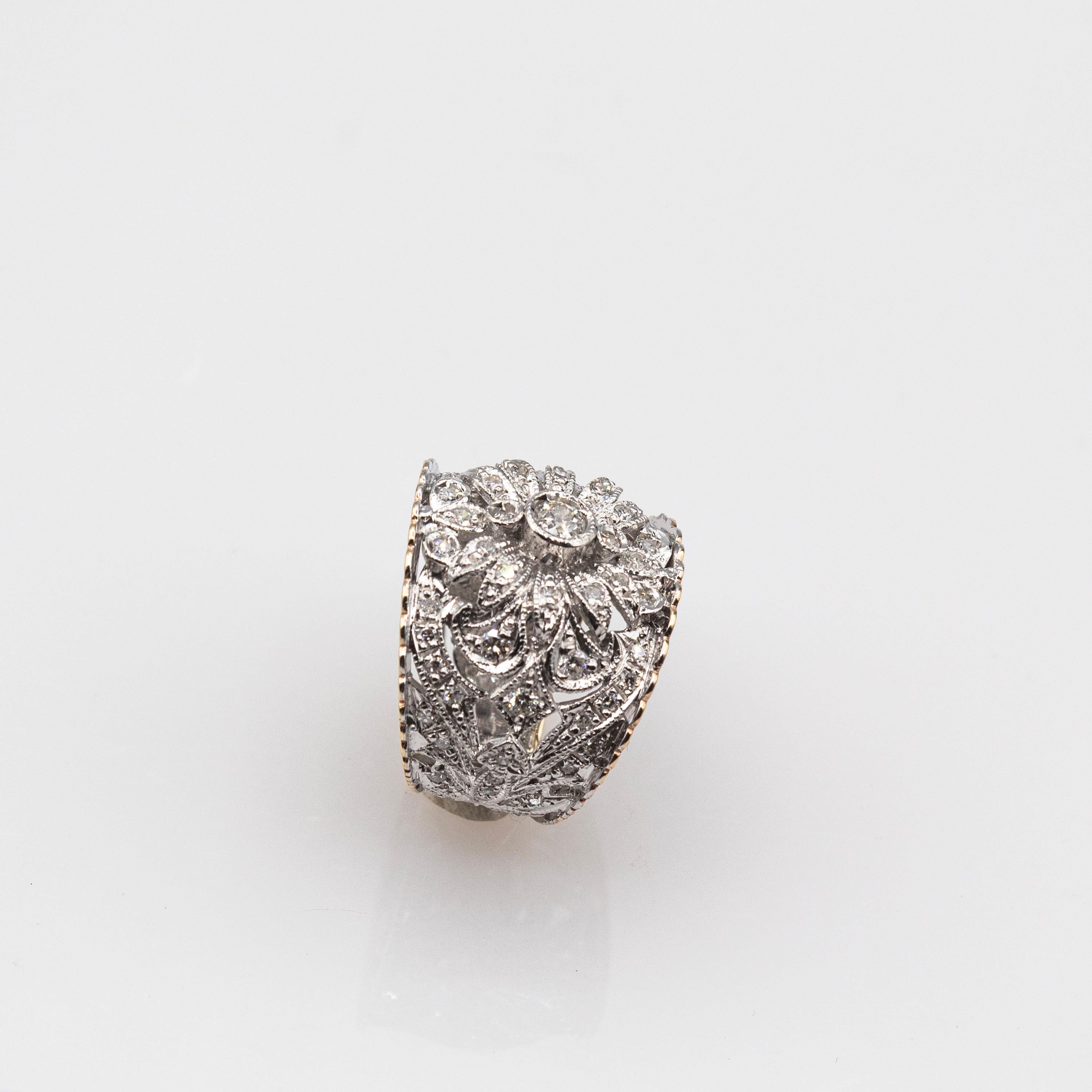 Women's or Men's Art Deco Style Handcrafted White Modern Round Cut Diamond Yellow Gold Band Ring For Sale