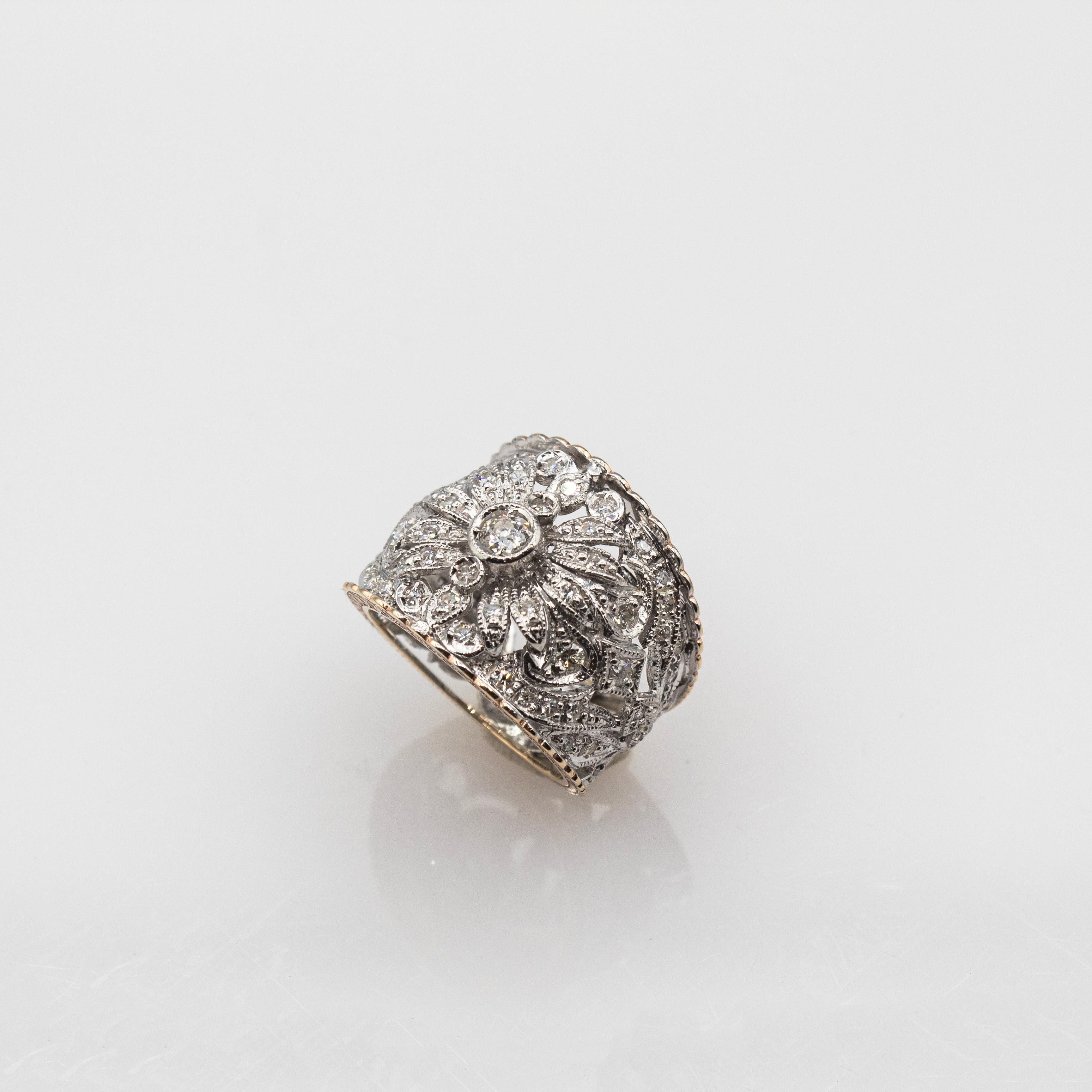 Art Deco Style Handcrafted White Modern Round Cut Diamond Yellow Gold Band Ring For Sale 2