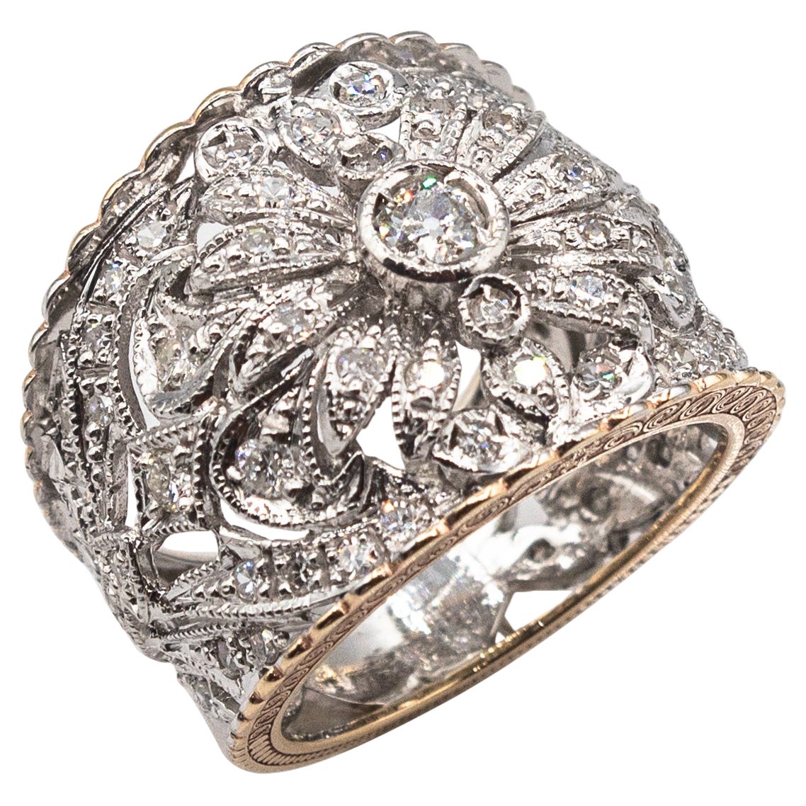Art Deco Style Handcrafted White Modern Round Cut Diamond Yellow Gold Band Ring