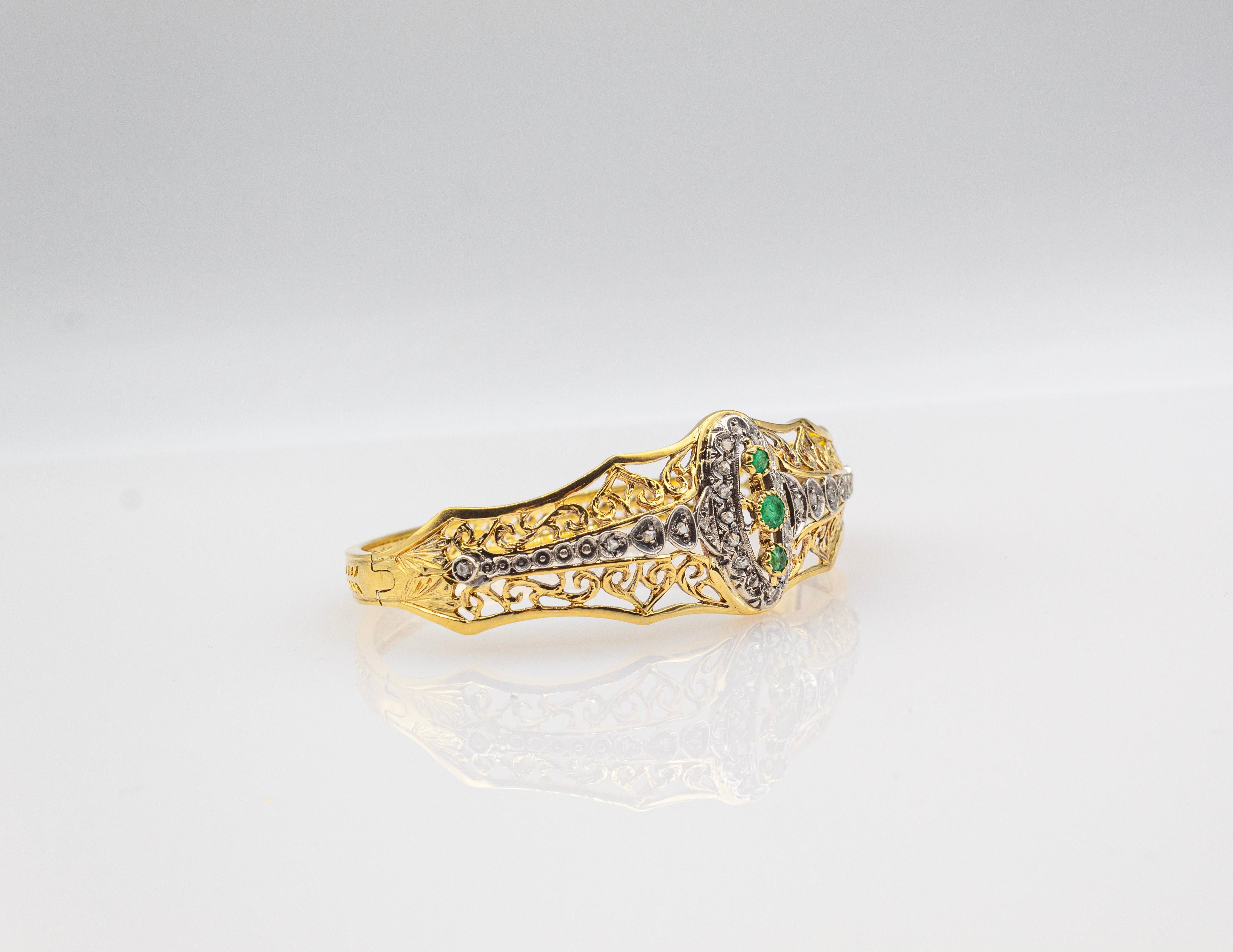 Art Deco Style Handcrafted White Rose Cut Diamond Emerald Yellow Gold Bracelet 1
