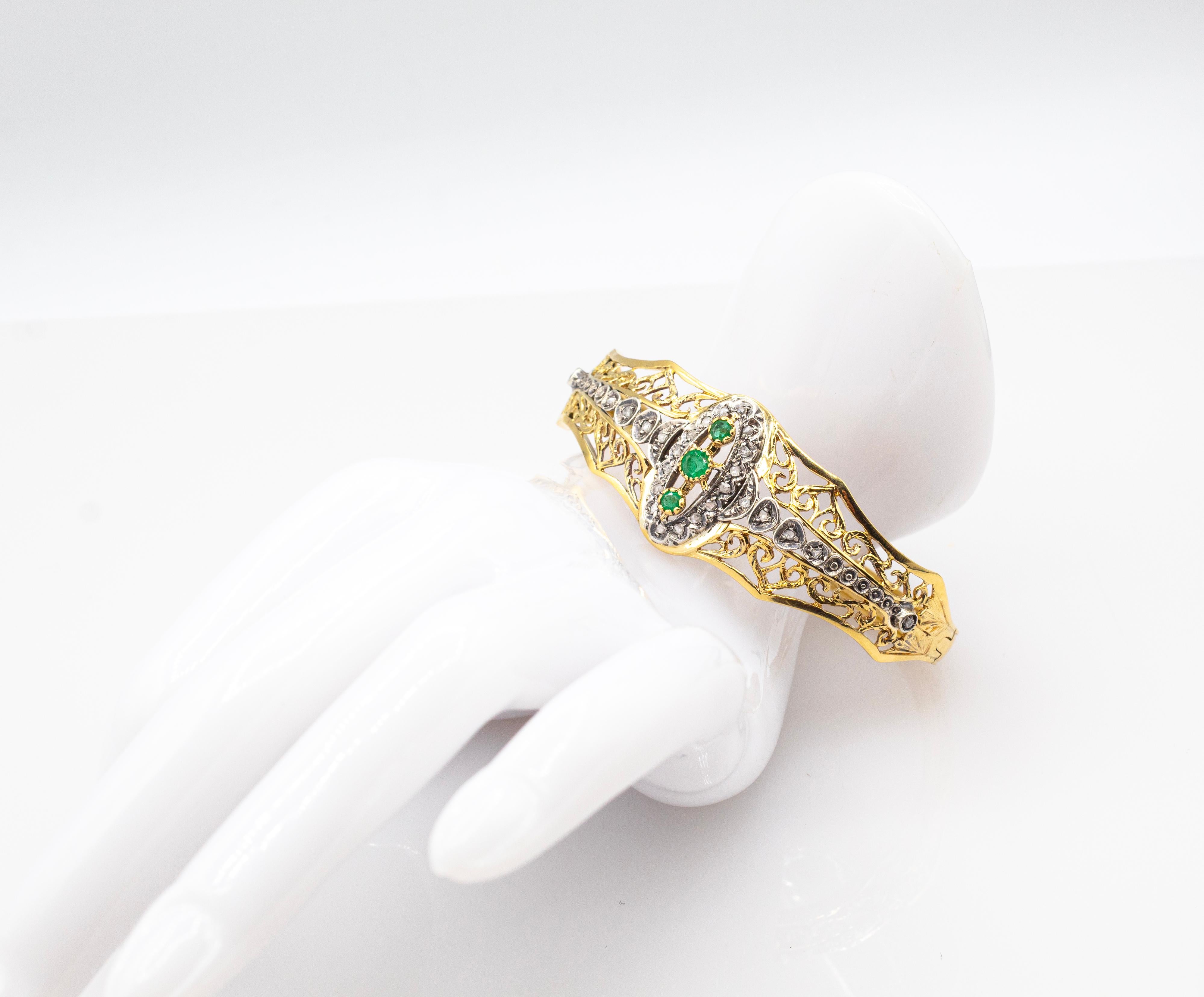 Art Deco Style Handcrafted White Rose Cut Diamond Emerald Yellow Gold Bracelet For Sale 5
