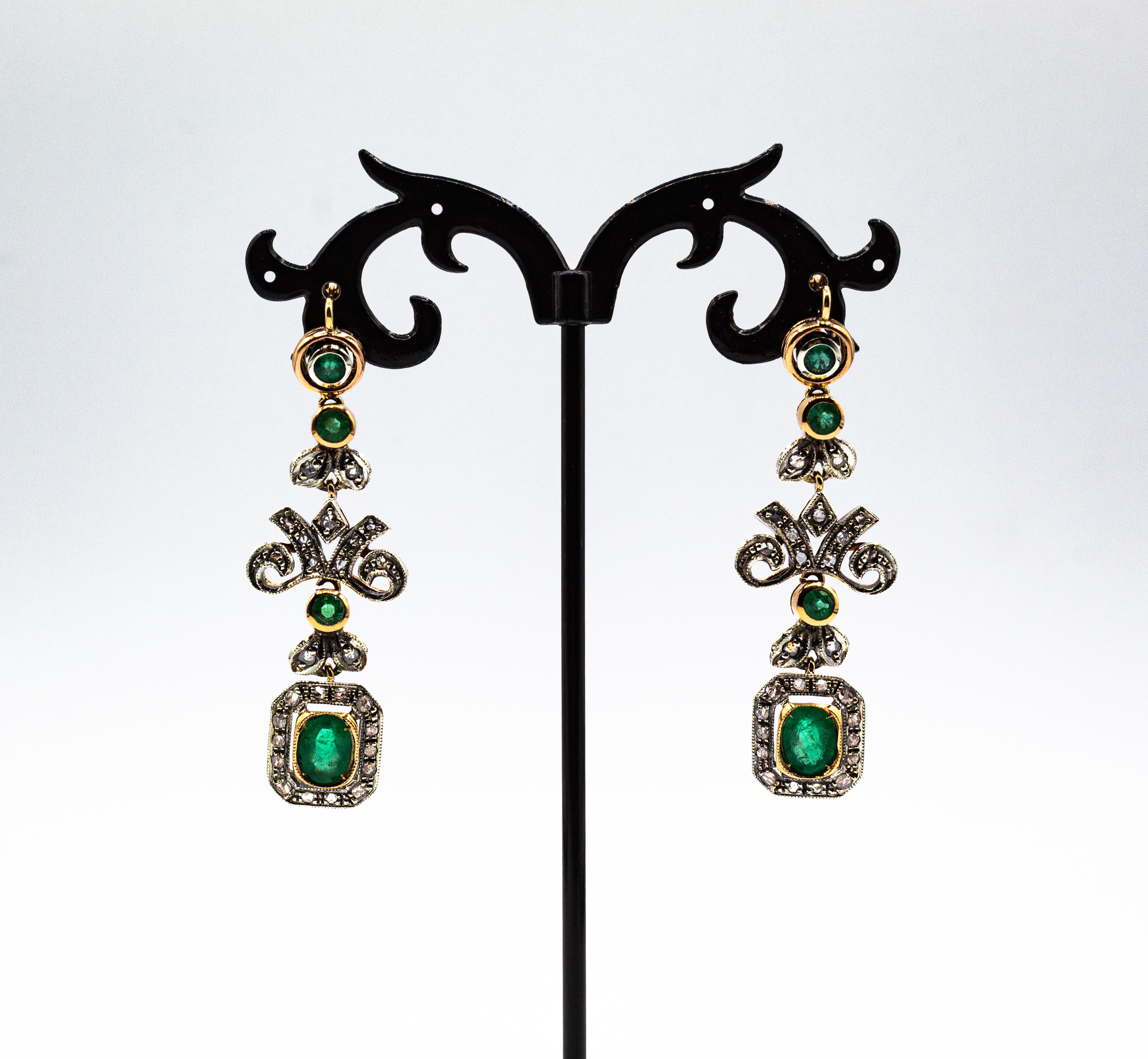 These Lever-Back Earrings are made of 9K Yellow Gold and Sterling Silver.
These Earrings have 0.60 Carats of White Rose Cut Diamonds.
These Earrings have also 3.83 Carat of Modern Round Cut and Oval Cut Emeralds.

These Earrings are available also