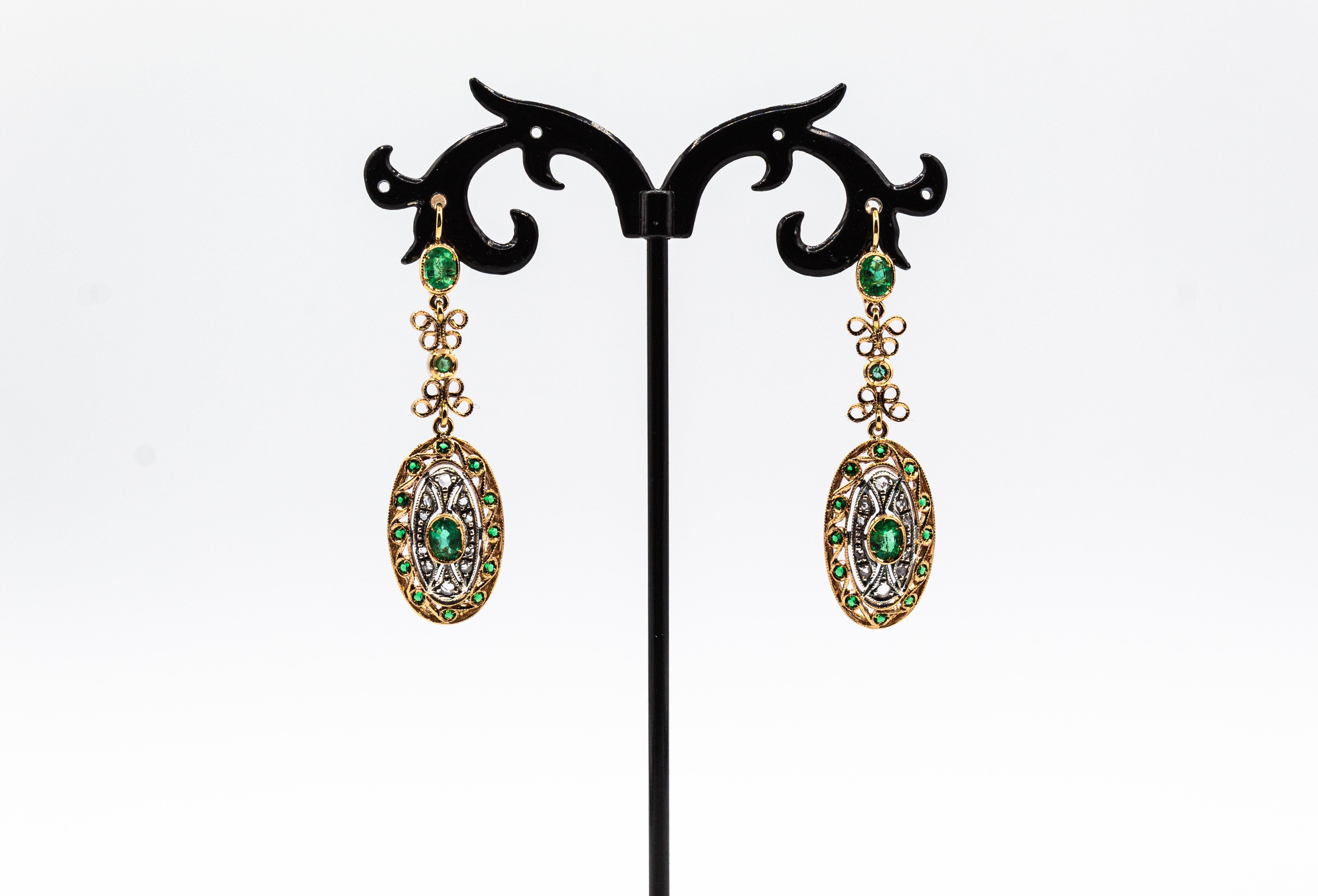 These Lever-Back Earrings are made of 9K Yellow Gold and Sterling Silver.
These Earrings have 0.30 Carats of White Rose Cut Diamonds.
These Earrings have also 1.00 Carat of Modern Round Cut and Oval Cut Emeralds.

These Earrings are available also