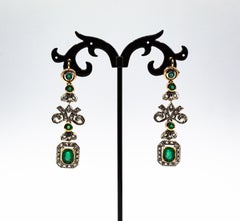 Art Deco Style Handcrafted White Rose Cut Diamond Emerald Yellow Gold Earrings