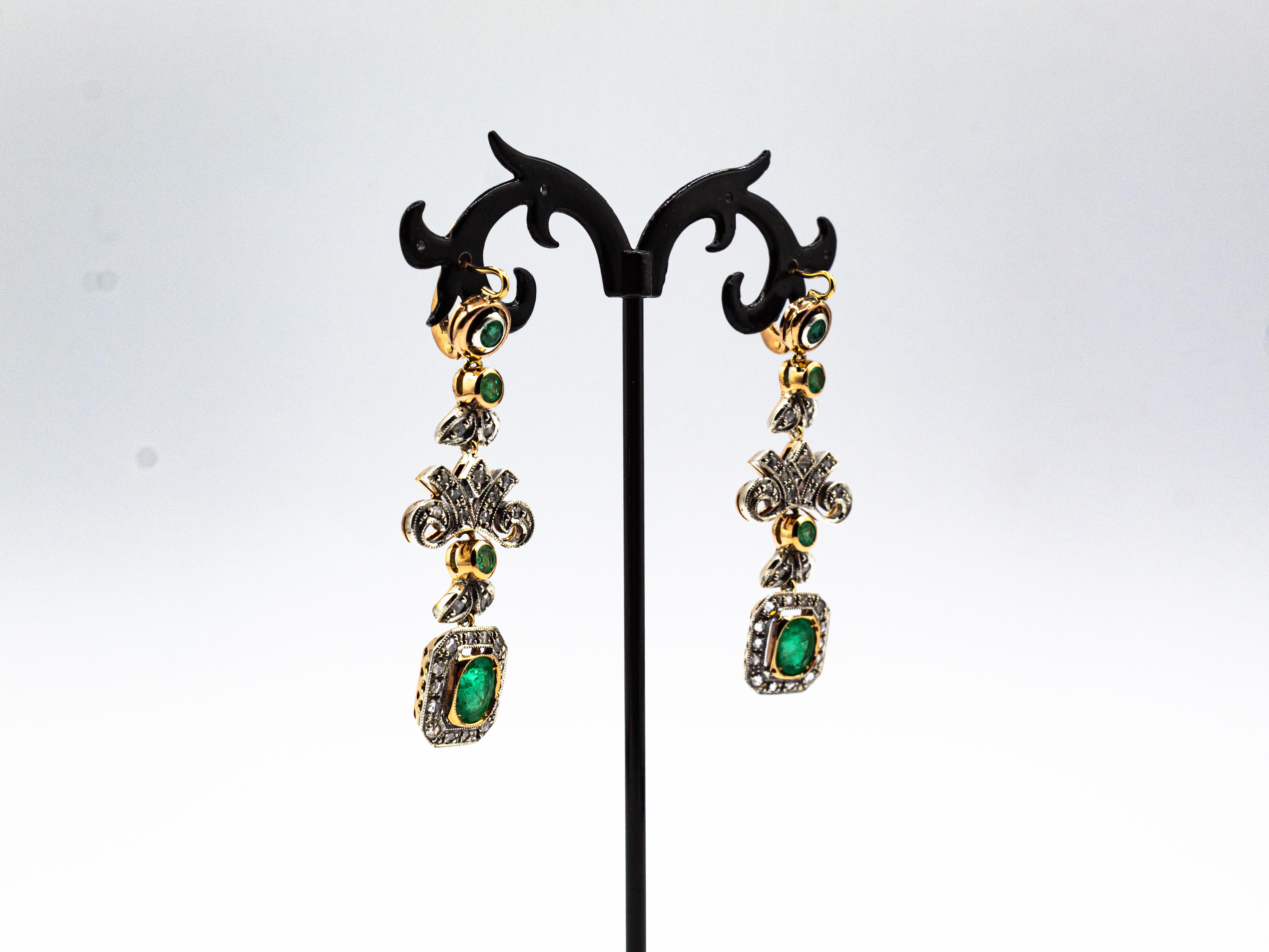 Art Deco Style Handcrafted White Rose Cut Diamond Emerald Yellow Gold Earrings In New Condition For Sale In Naples, IT