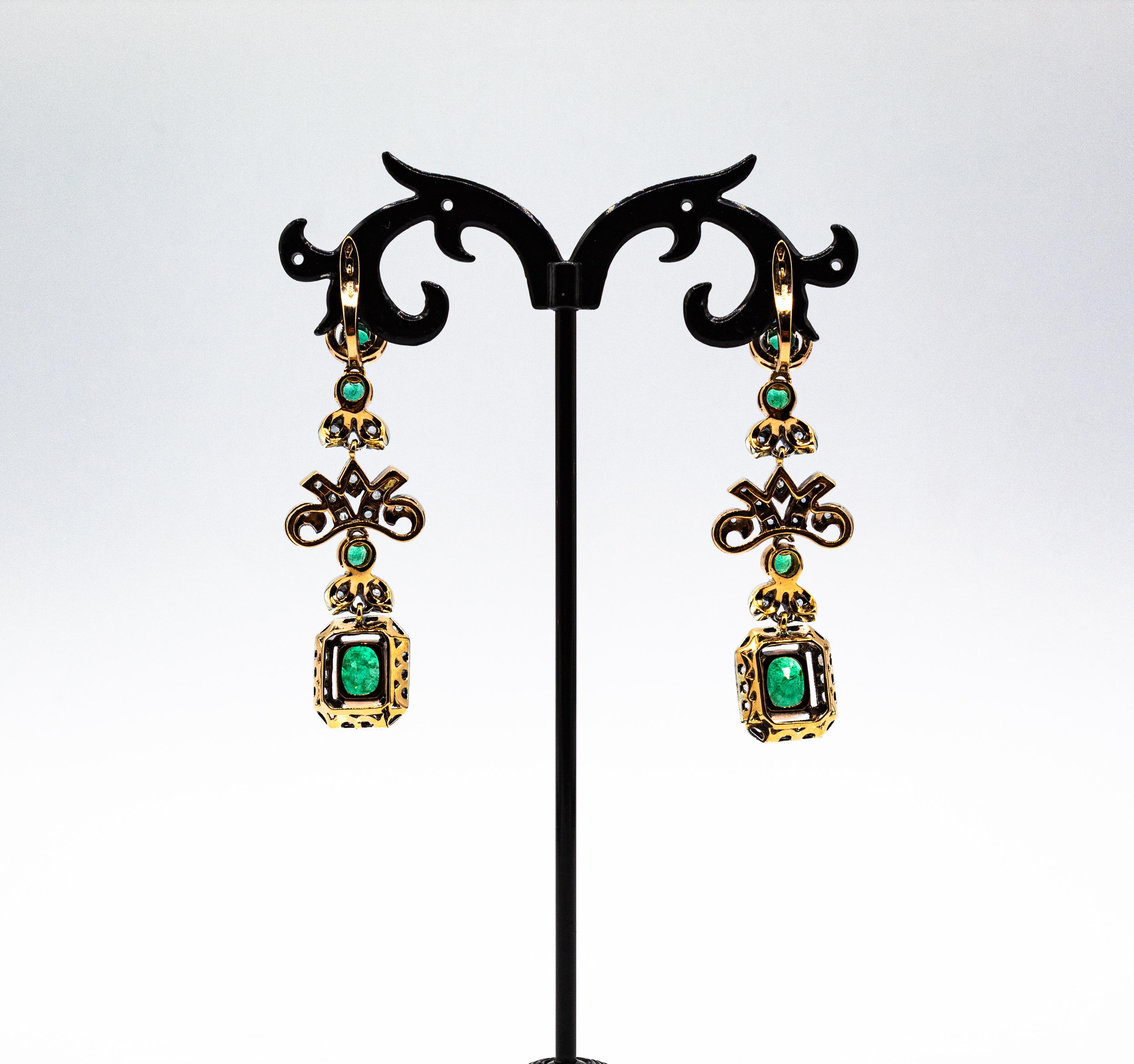 Women's or Men's Art Deco Style Handcrafted White Rose Cut Diamond Emerald Yellow Gold Earrings For Sale