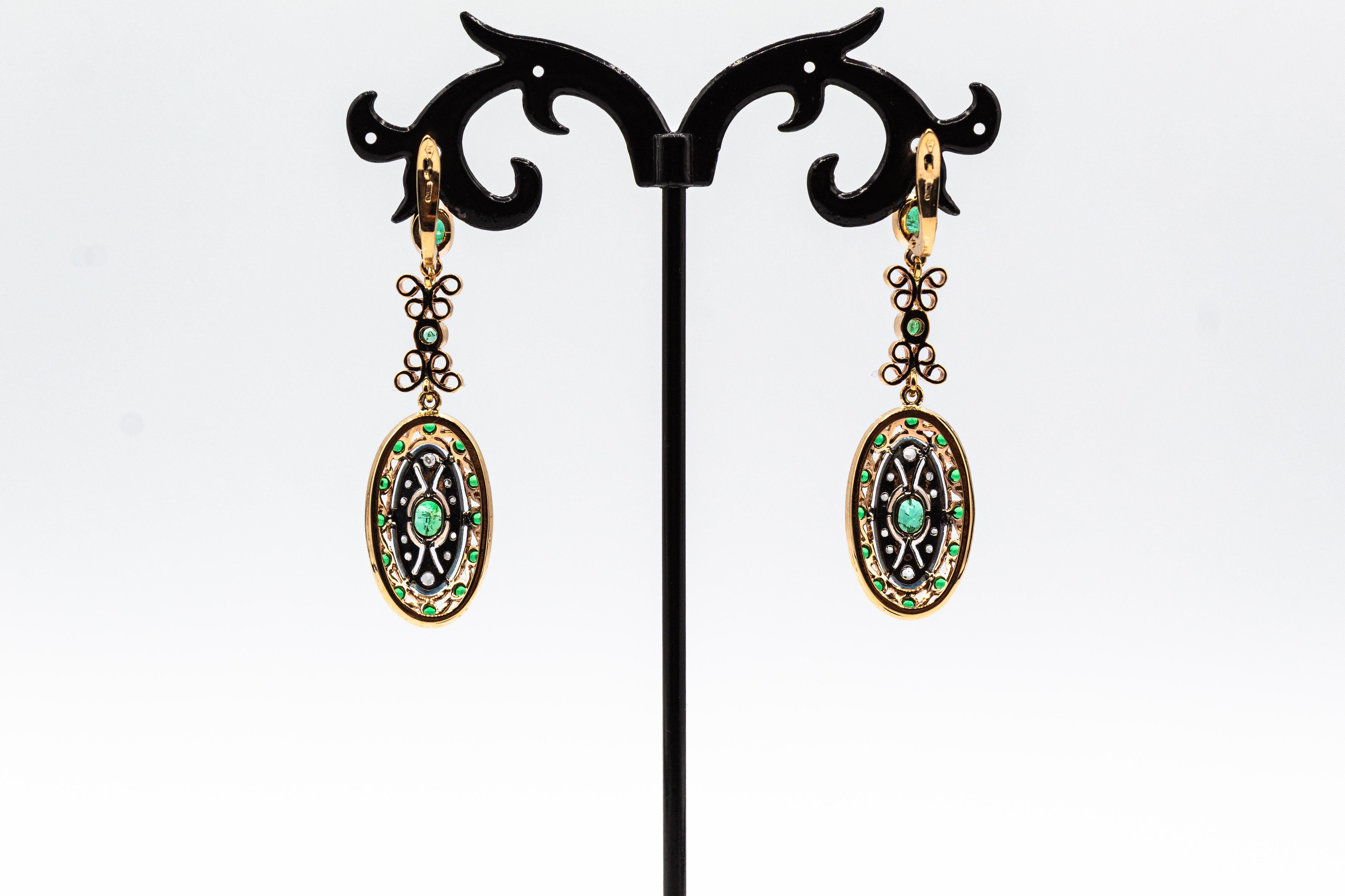 Art Deco Style Handcrafted White Rose Cut Diamond Emerald Yellow Gold Earrings For Sale 1