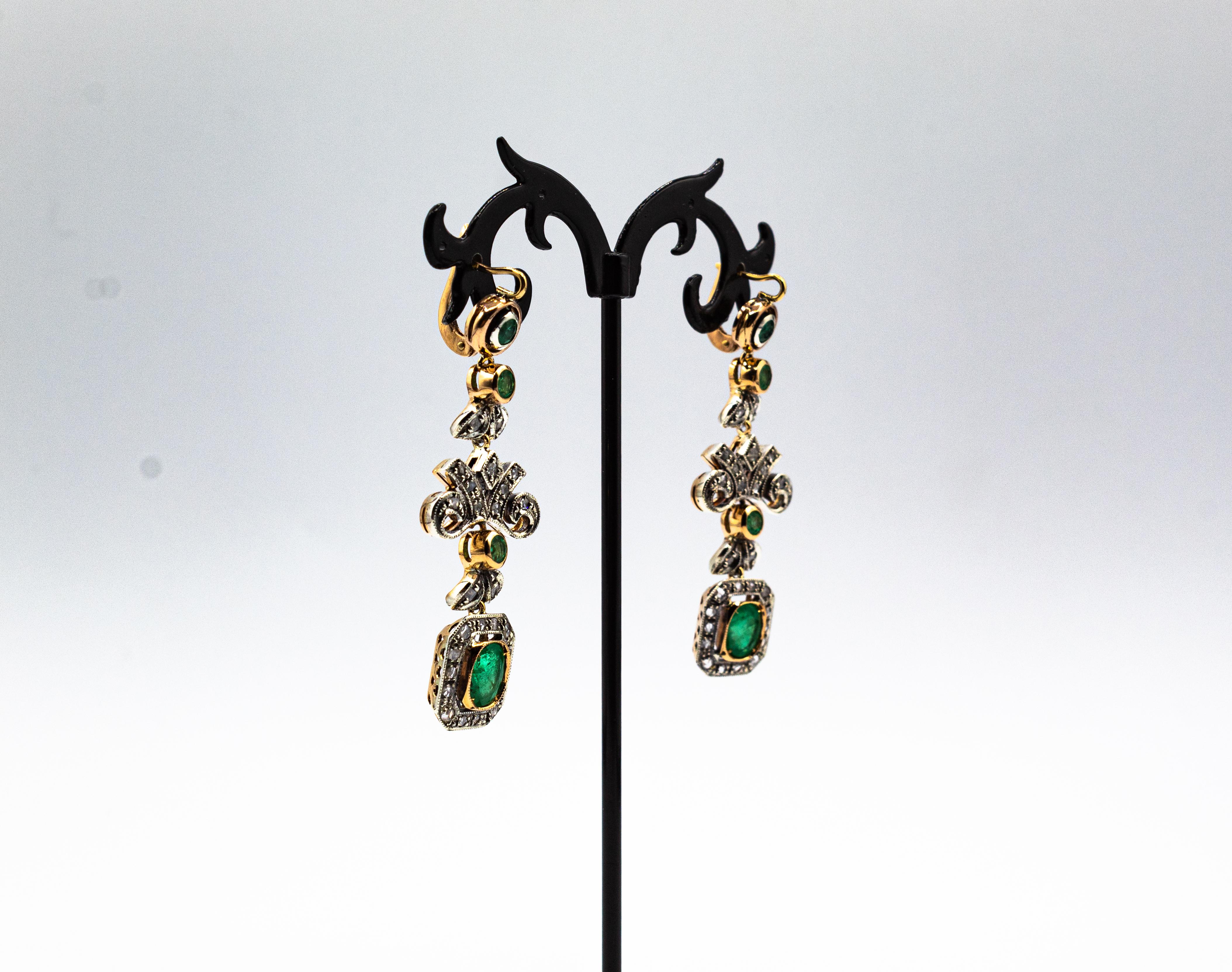 Art Deco Style Handcrafted White Rose Cut Diamond Emerald Yellow Gold Earrings For Sale 1