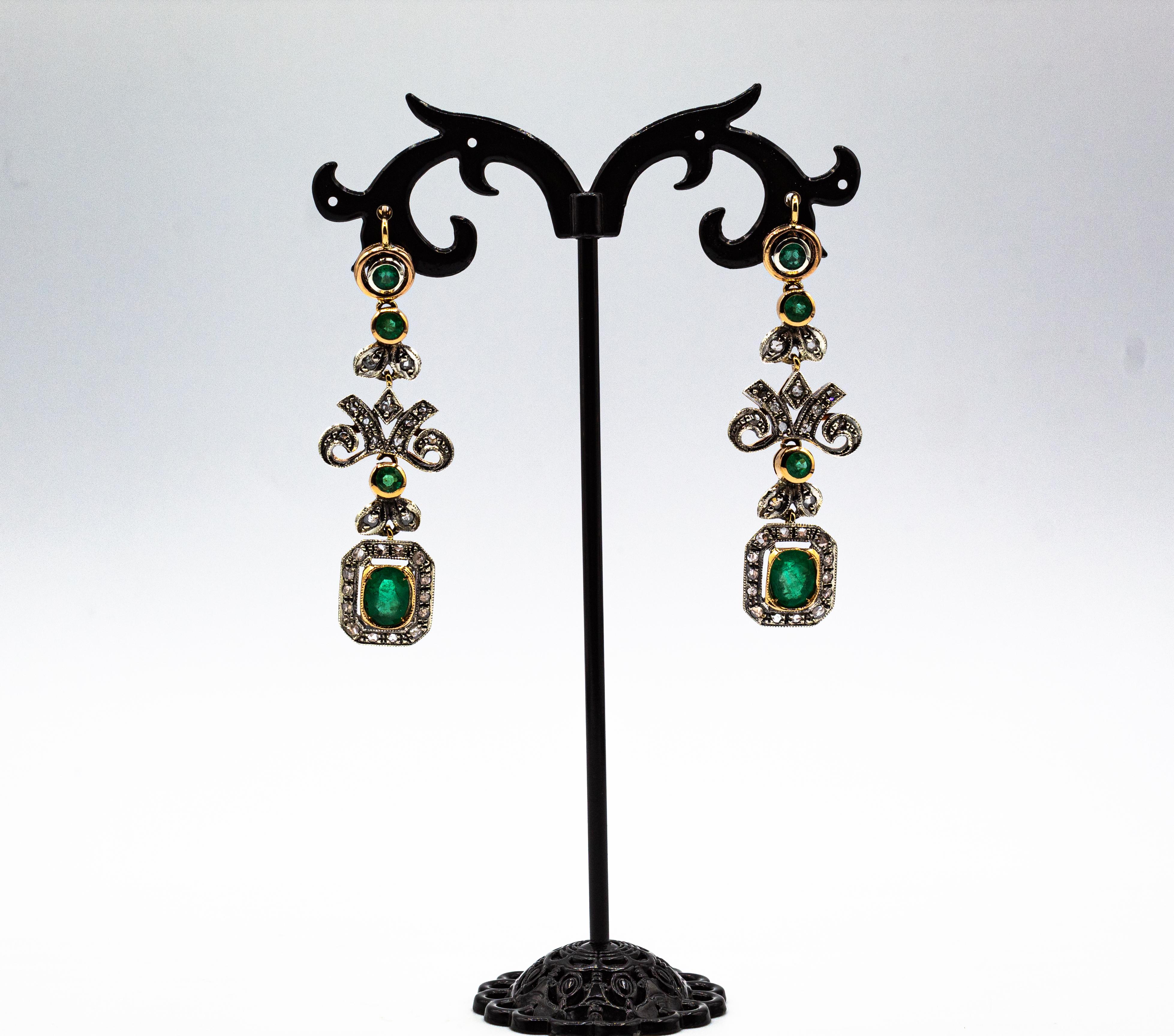 Art Deco Style Handcrafted White Rose Cut Diamond Emerald Yellow Gold Earrings For Sale 2