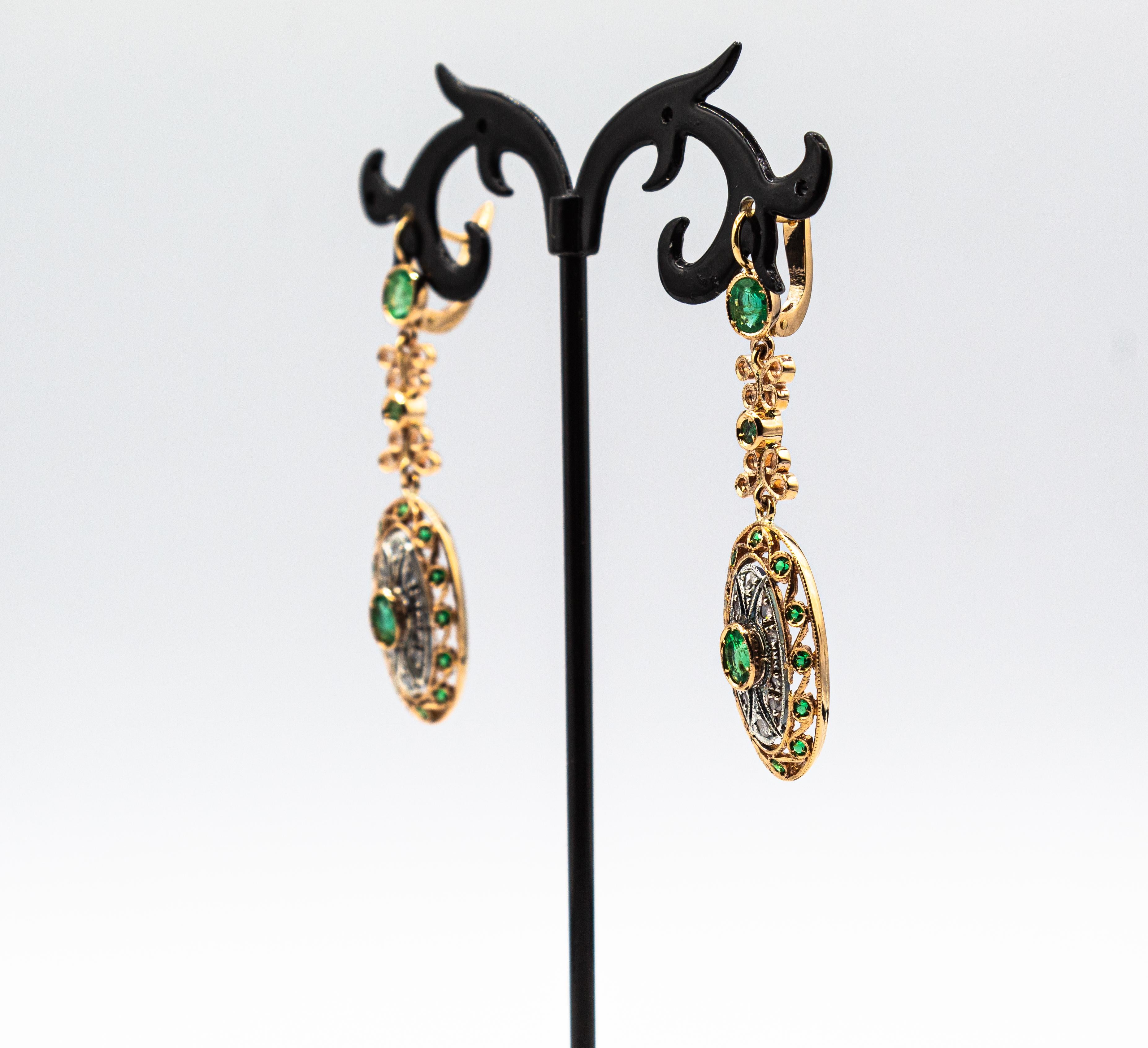 Art Deco Style Handcrafted White Rose Cut Diamond Emerald Yellow Gold Earrings For Sale 2