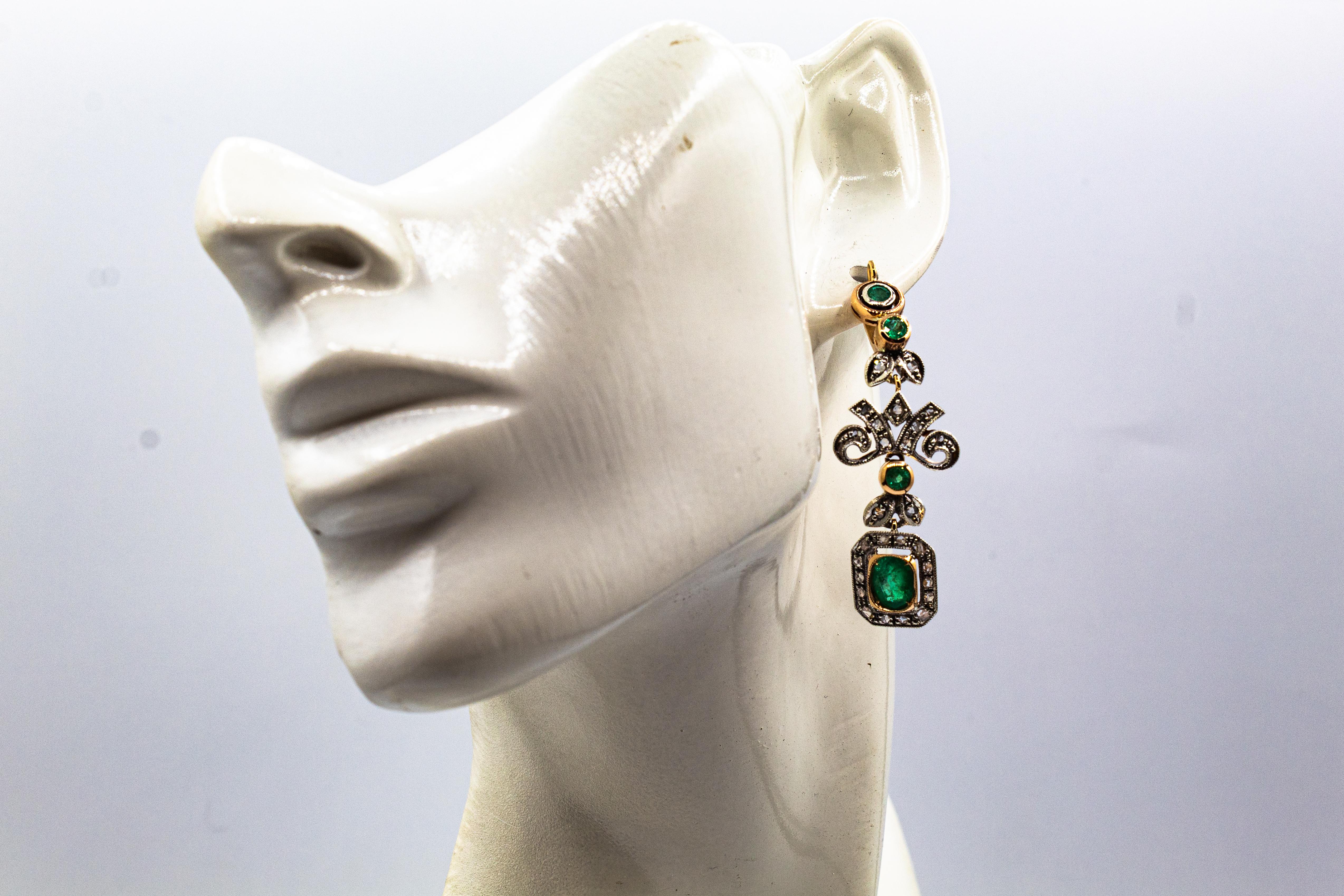 Art Deco Style Handcrafted White Rose Cut Diamond Emerald Yellow Gold Earrings For Sale 3