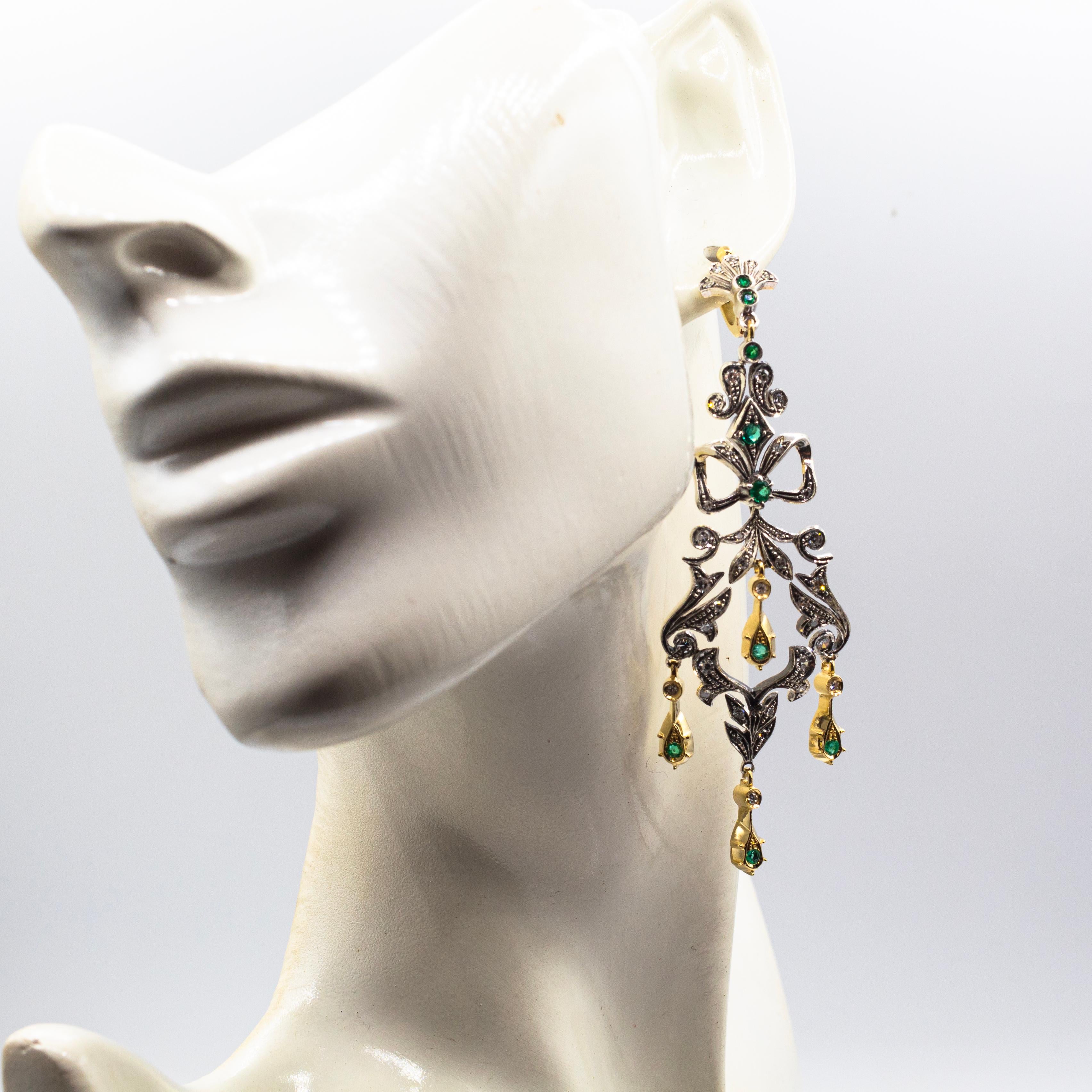 Art Deco Style Handcrafted White Rose Cut Diamond Emerald Yellow Gold Earrings im Angebot 1