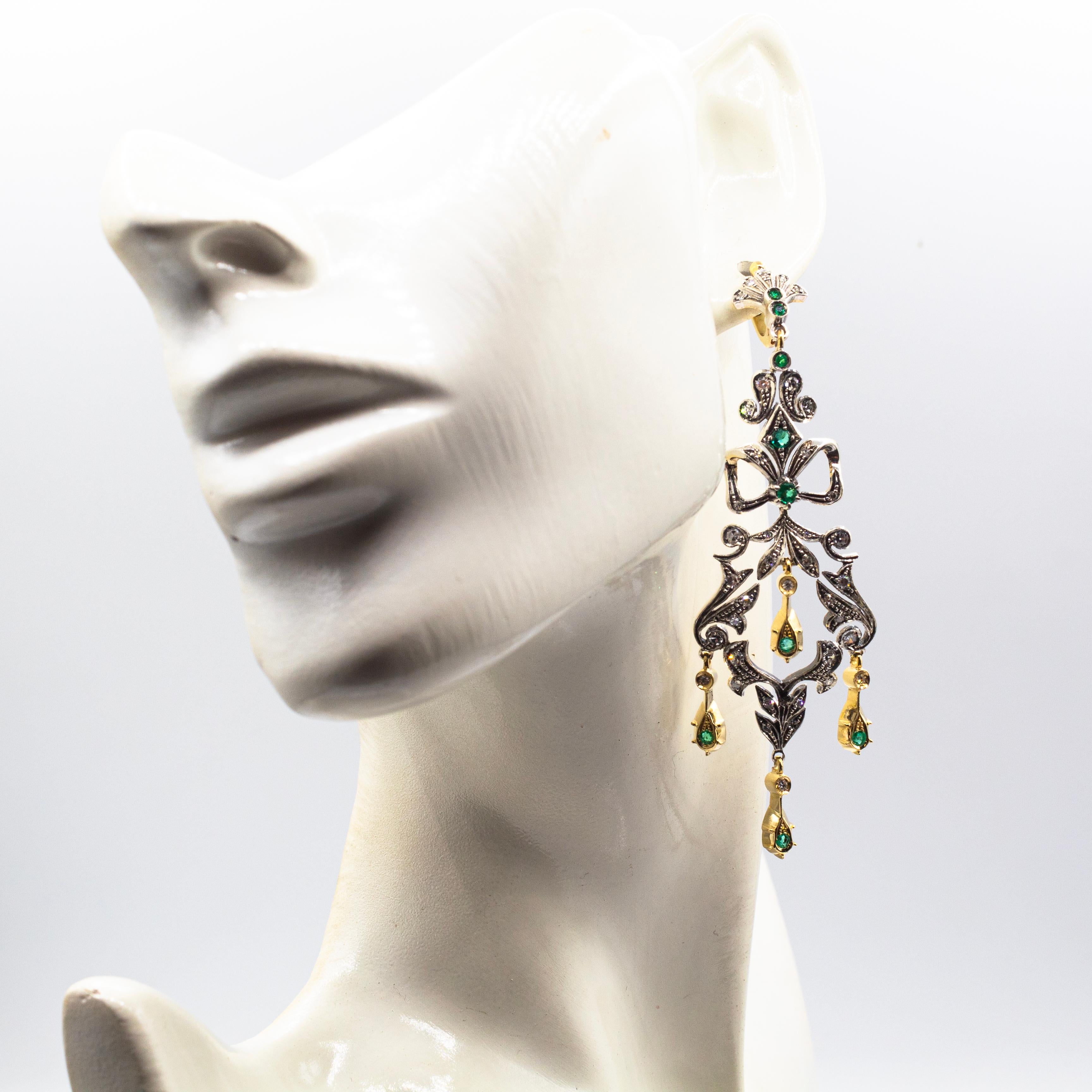 Art Deco Style Handcrafted White Rose Cut Diamond Emerald Yellow Gold Earrings im Angebot 2