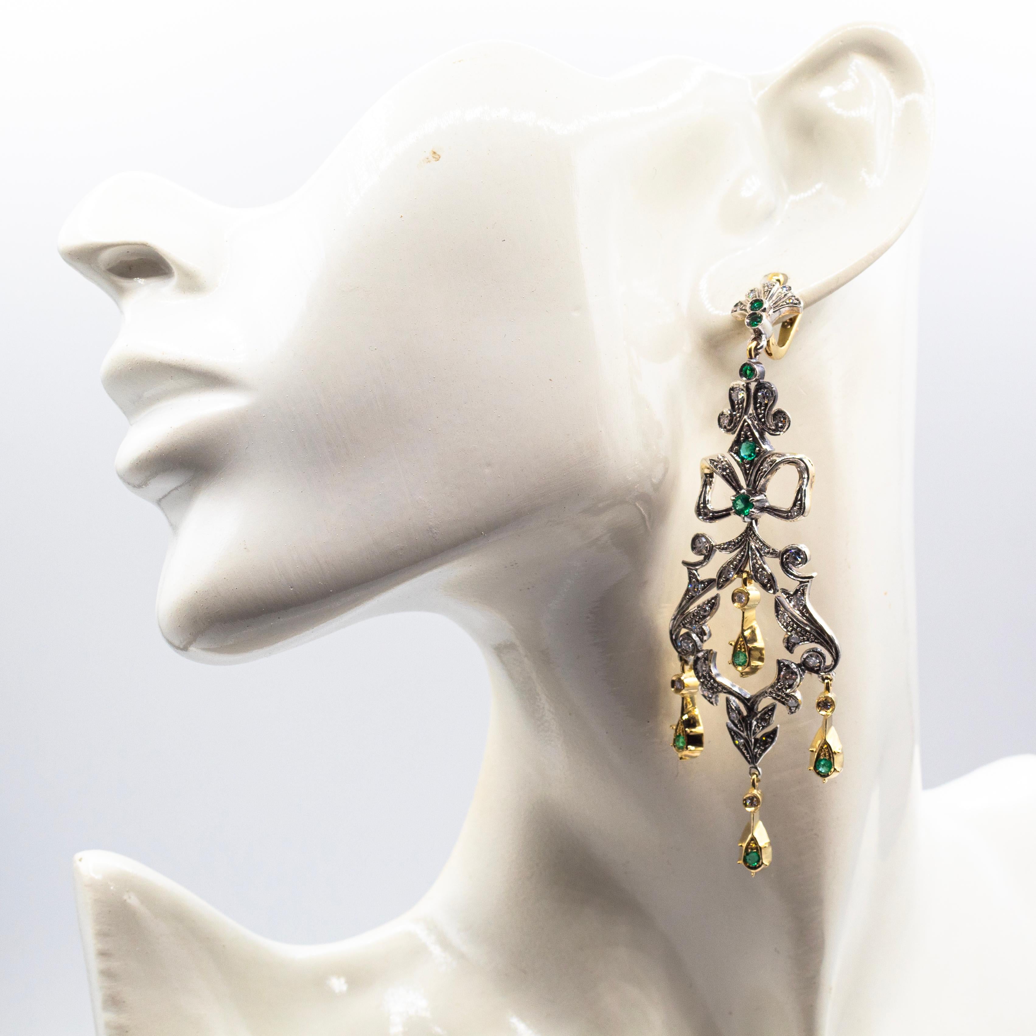 Art Deco Style Handcrafted White Rose Cut Diamond Emerald Yellow Gold Earrings im Angebot 3