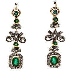 Art Deco Style Handcrafted White Rose Cut Diamond Emerald Yellow Gold Earrings