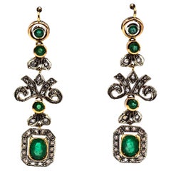 Vintage Art Deco Style Handcrafted White Rose Cut Diamond Emerald Yellow Gold Earrings