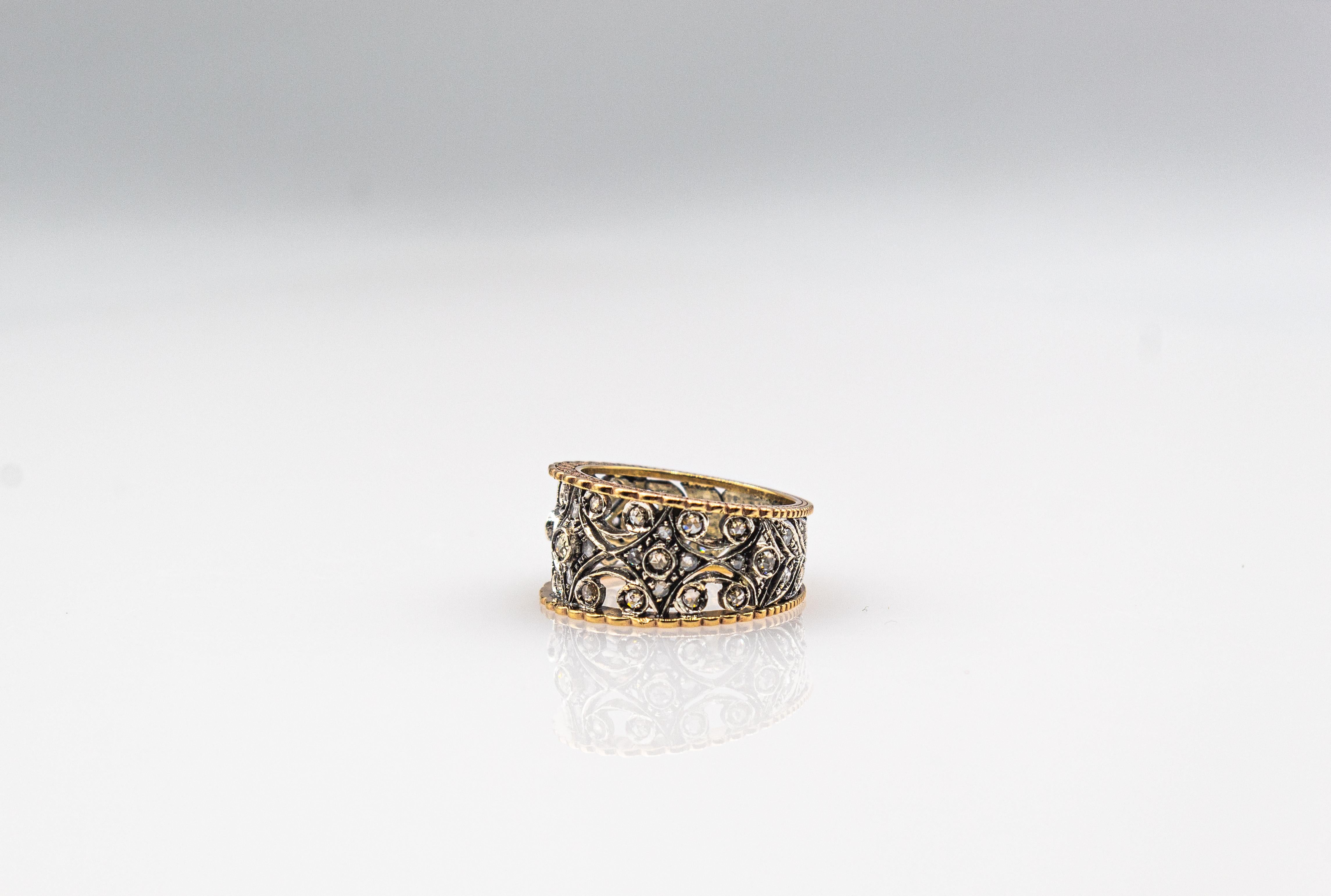 Art Deco Style Handcrafted White Rose Cut Diamond Yellow Gold Band Ring For Sale 6