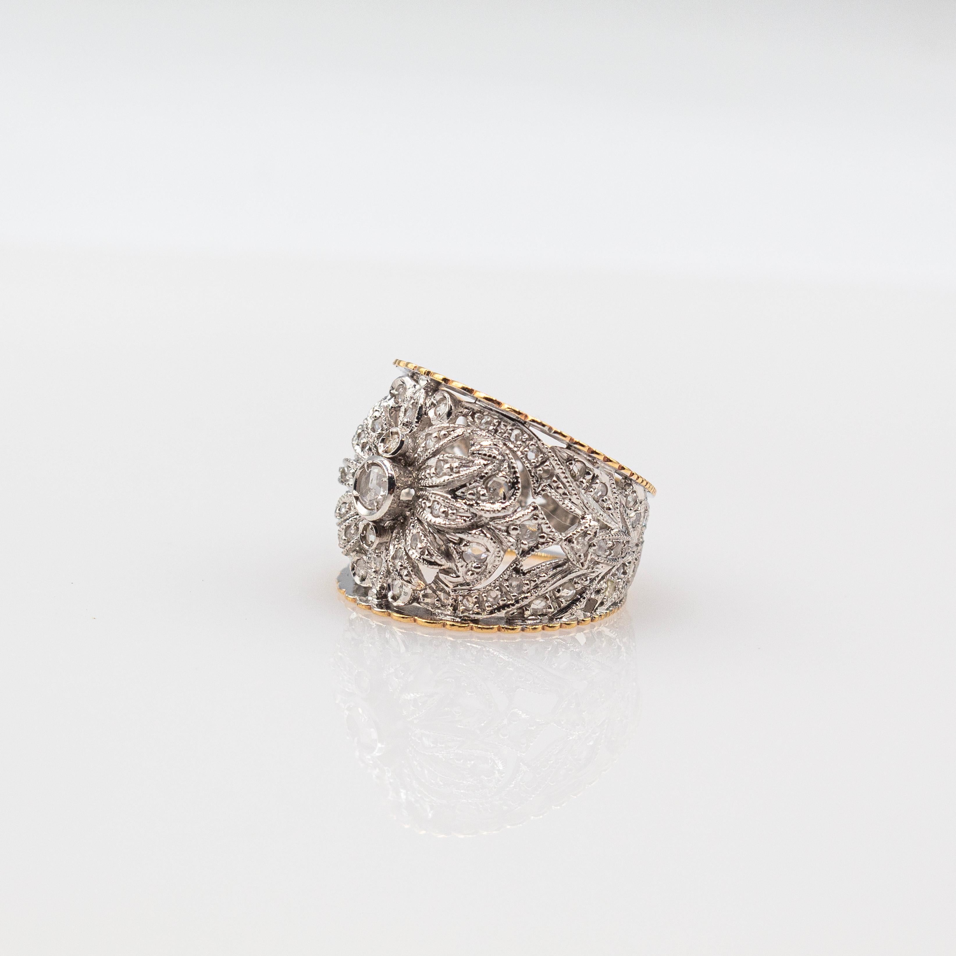 Art Deco Style Handcrafted White Rose Cut Diamond Yellow Gold Band Ring For Sale 7