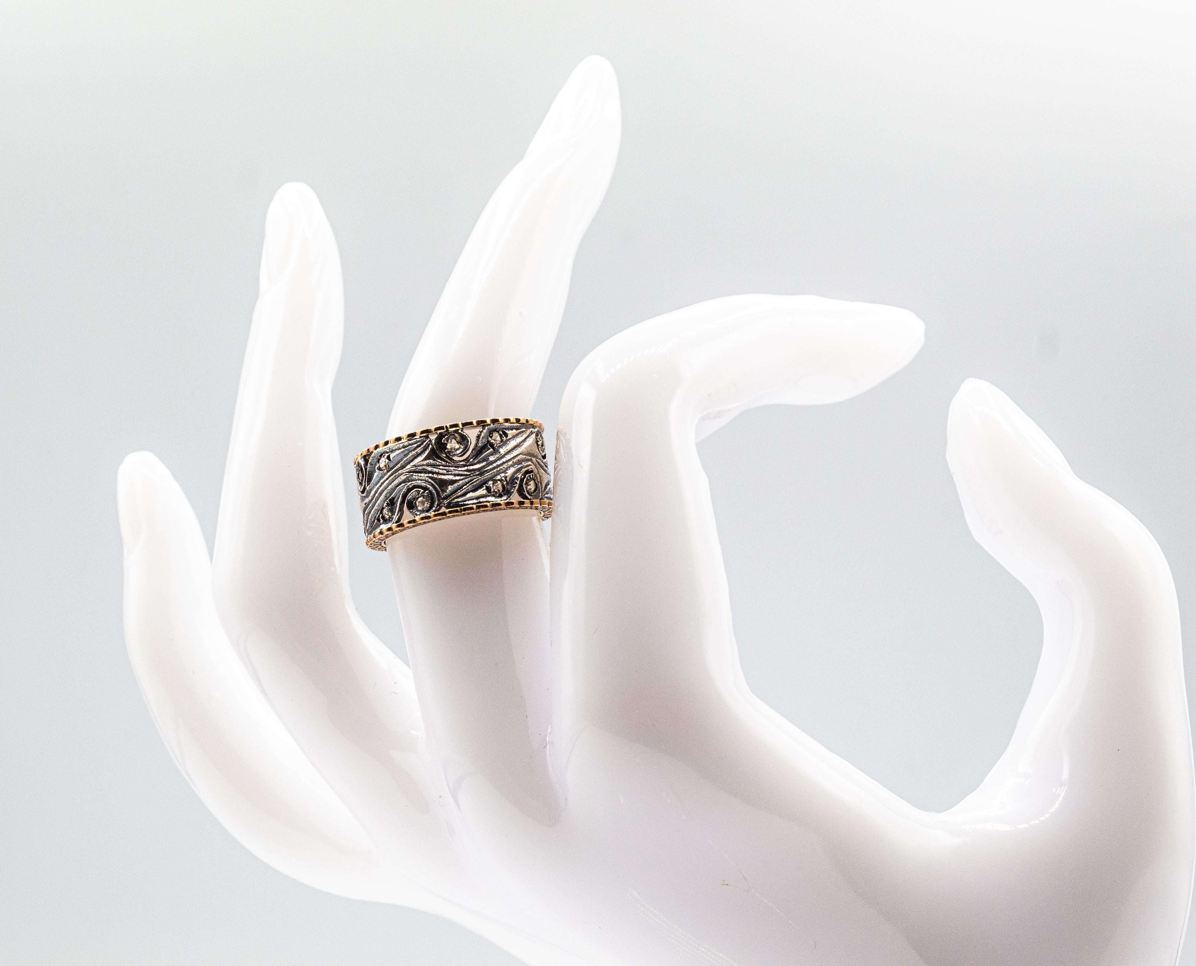 Bague jonc de style Art déco en or jaune avec diamants blancs taille rose, fabriquée à la main en vente 6