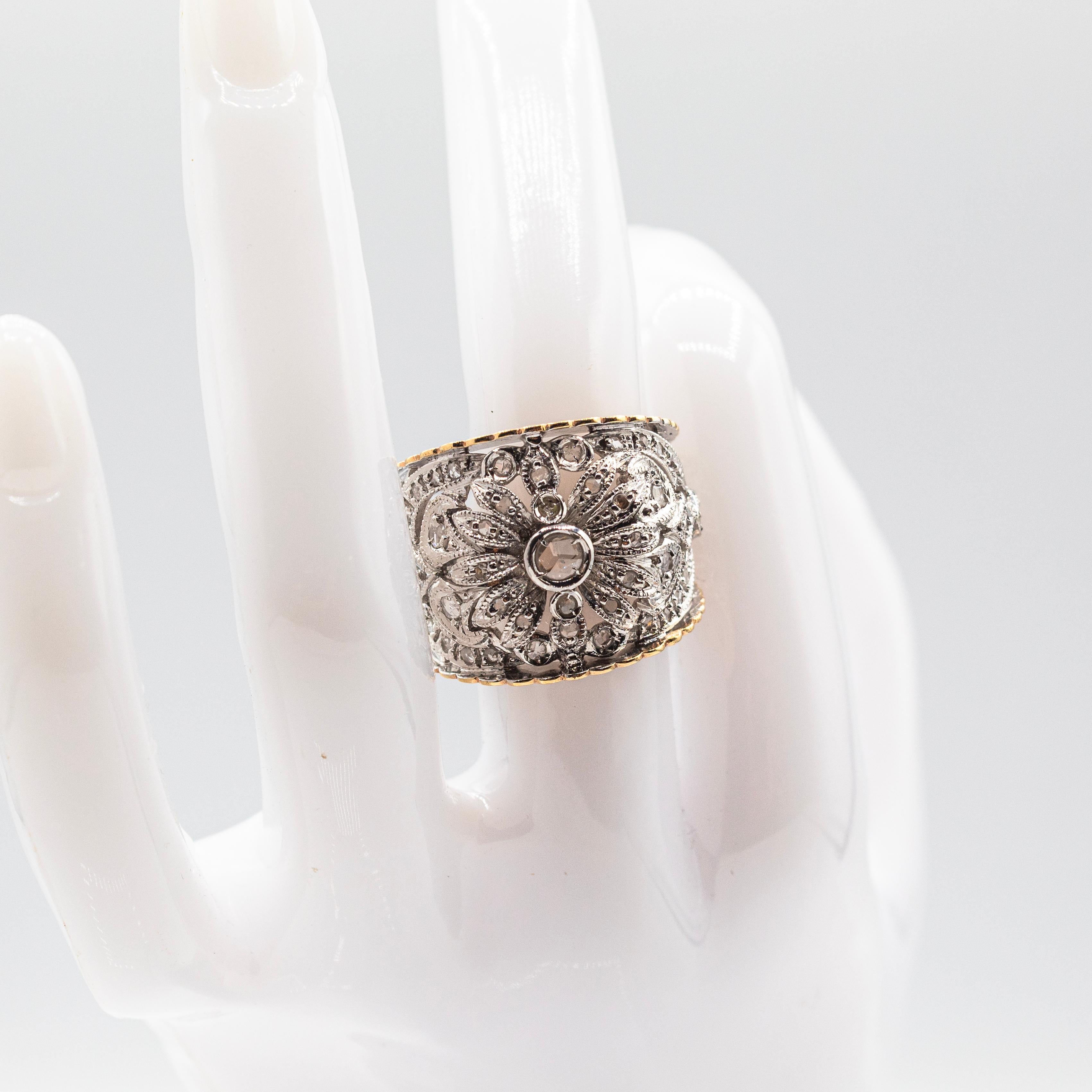 Art Deco Style Handcrafted White Rose Cut Diamond Yellow Gold Band Ring For Sale 8