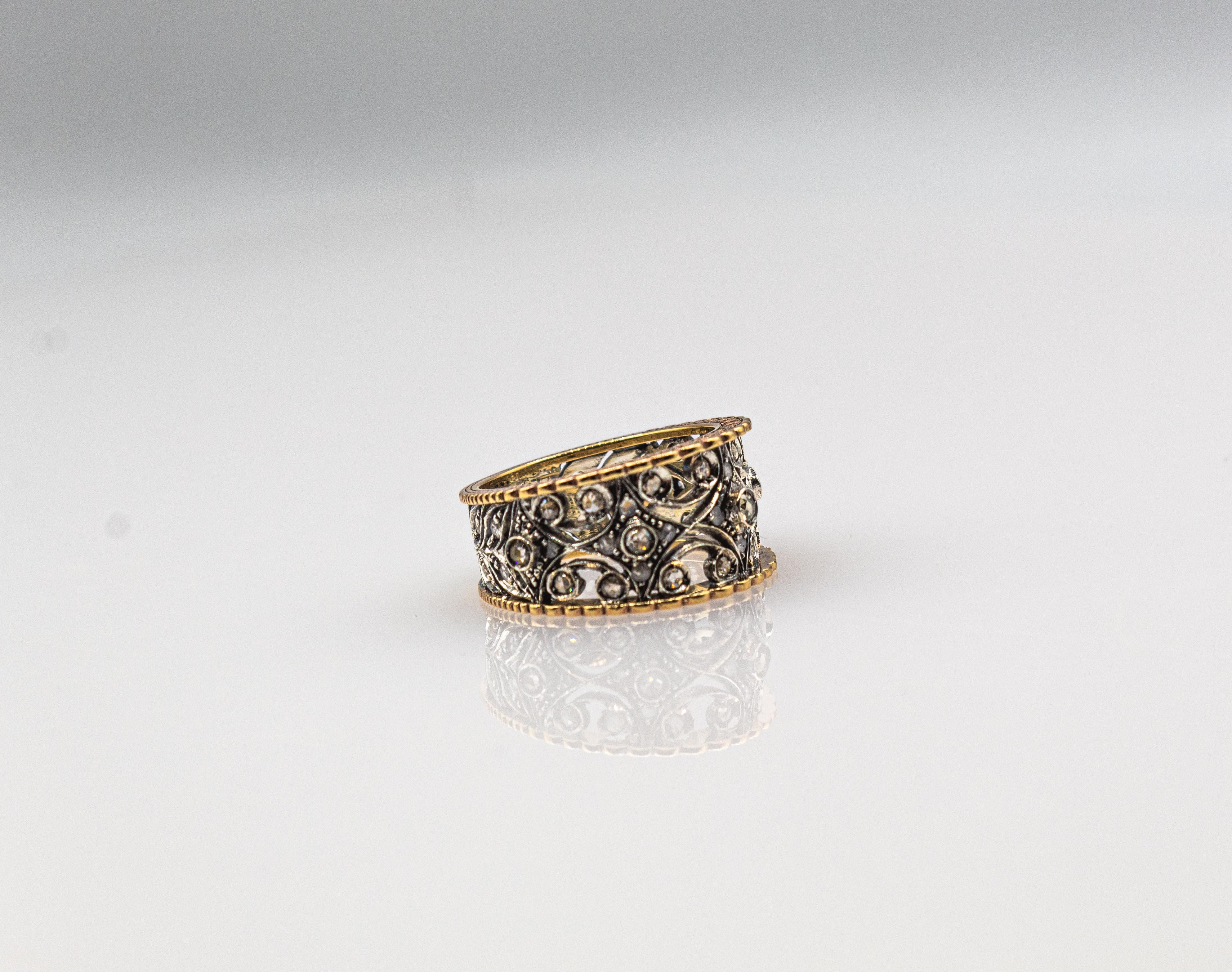 Bague jonc de style Art déco en or jaune avec diamants blancs taille rose, fabriquée à la main en vente 7