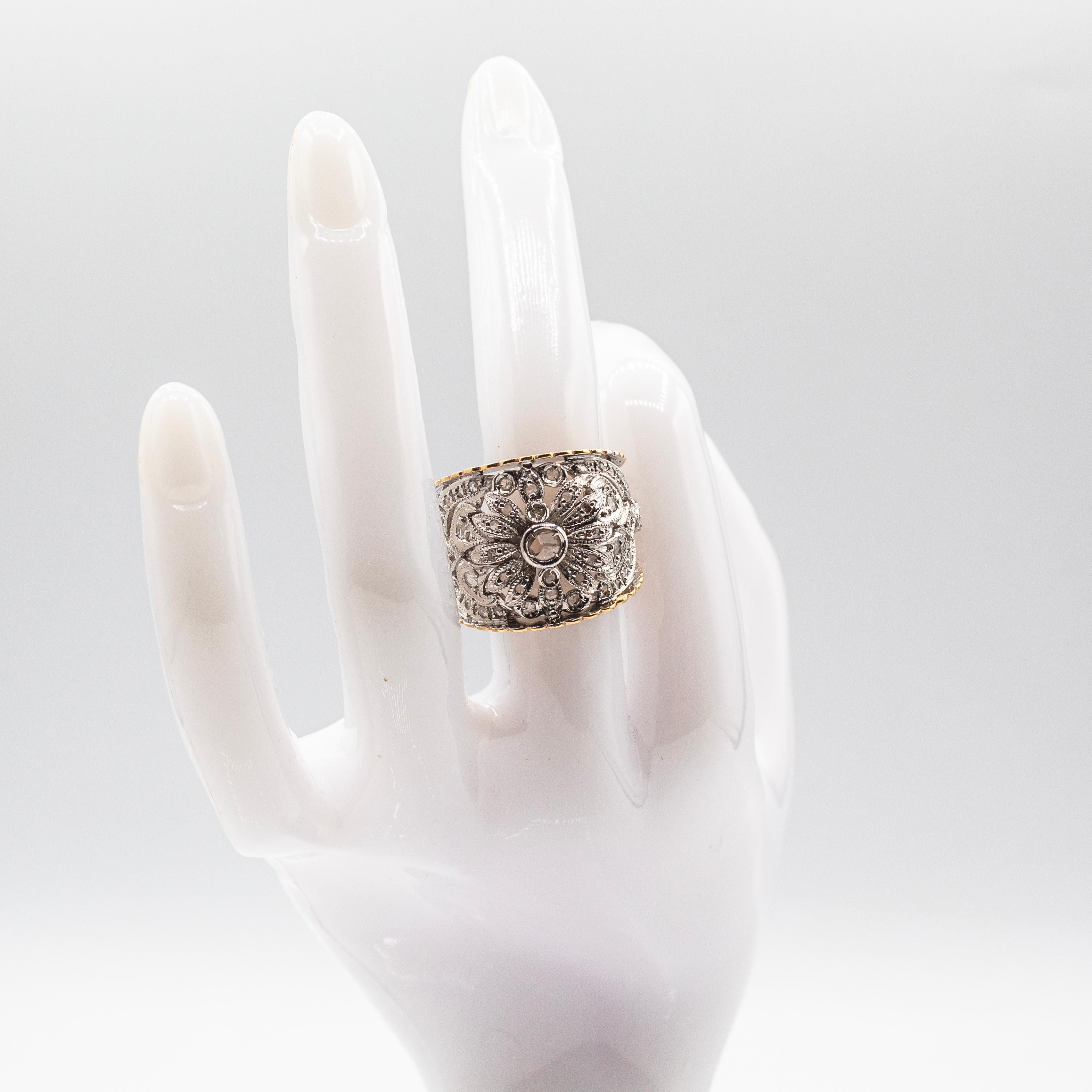 Art Deco Style Handcrafted White Rose Cut Diamond Yellow Gold Band Ring For Sale 9