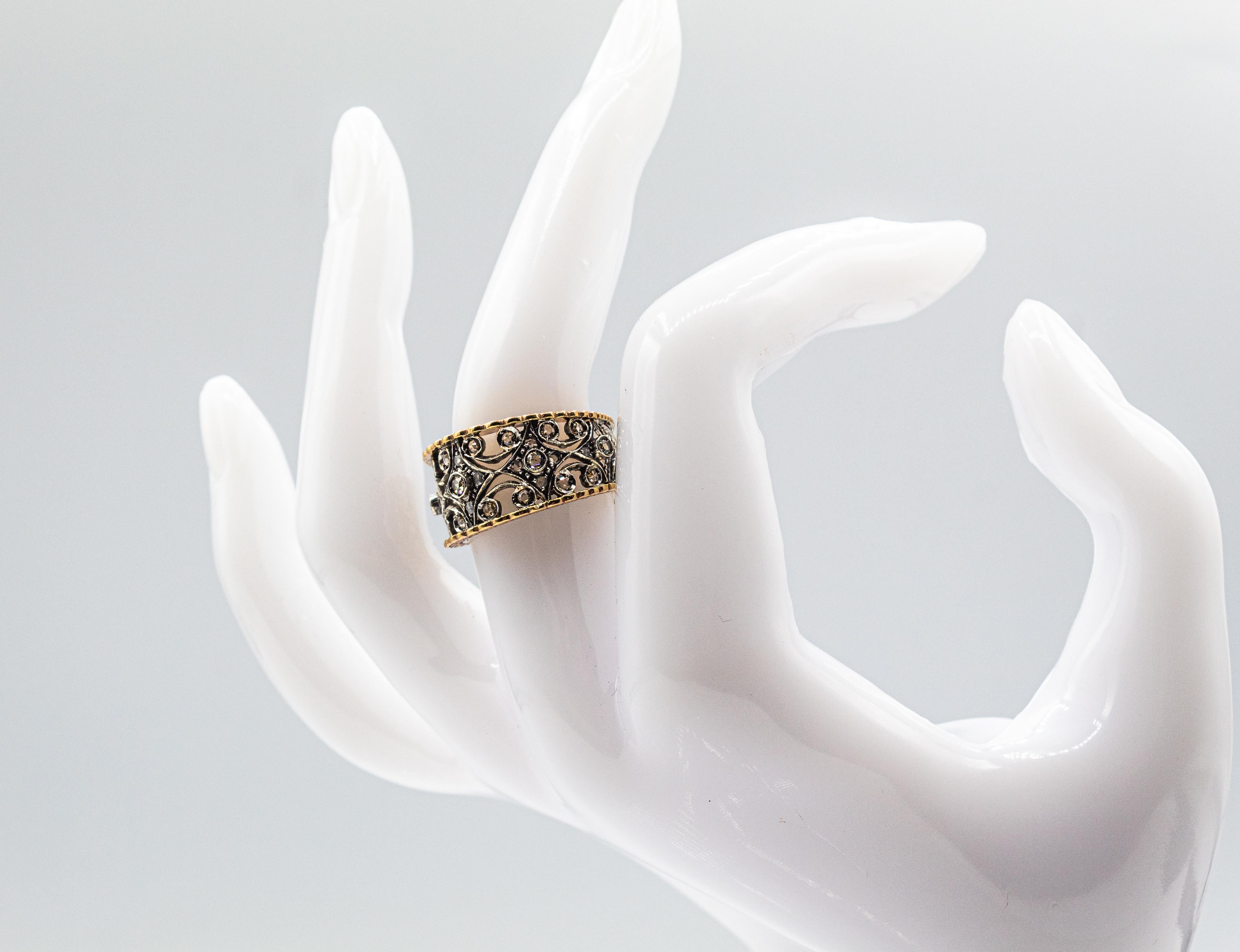 Art Deco Style Handcrafted White Rose Cut Diamond Yellow Gold Band Ring For Sale 10