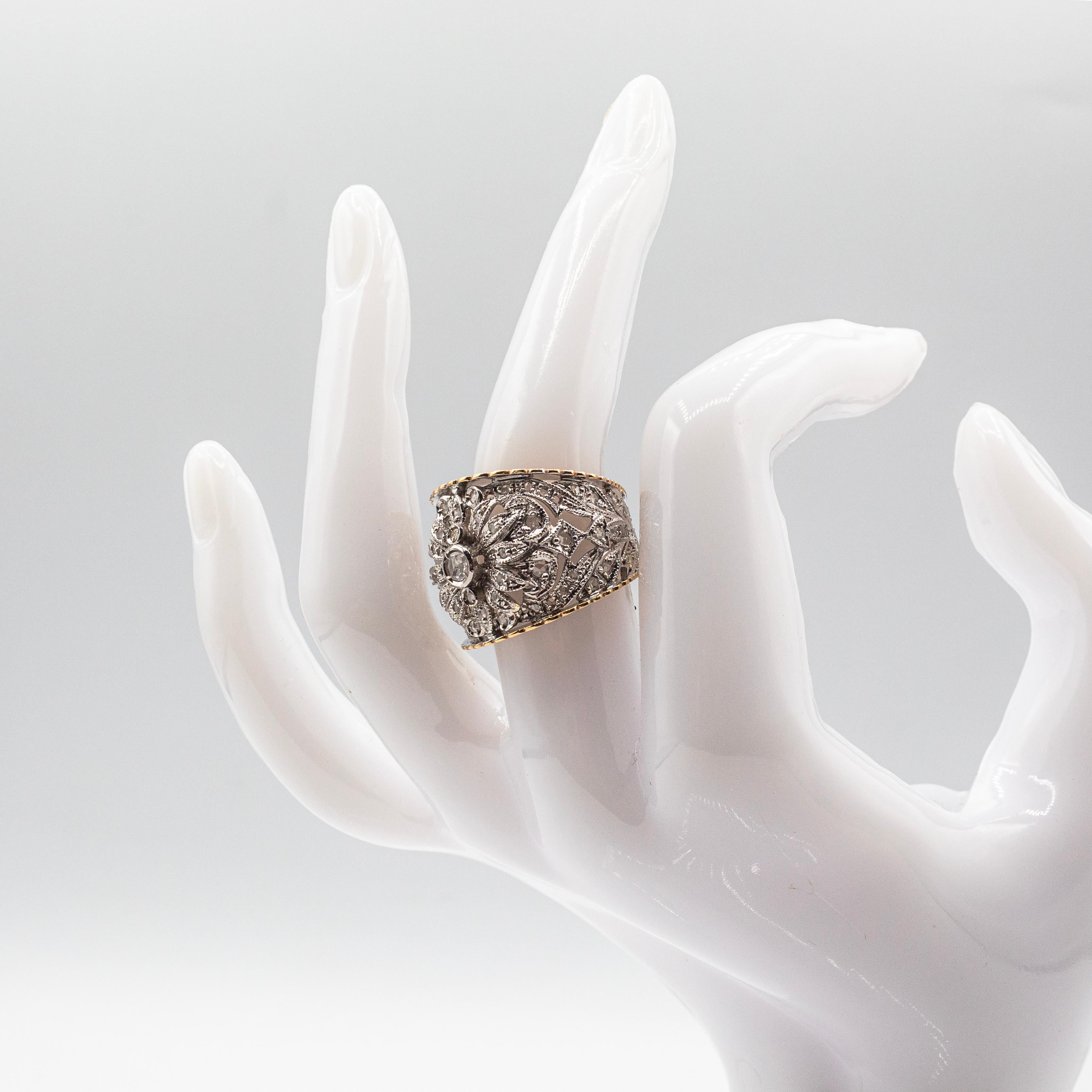 Art Deco Style Handcrafted White Rose Cut Diamond Yellow Gold Band Ring For Sale 10