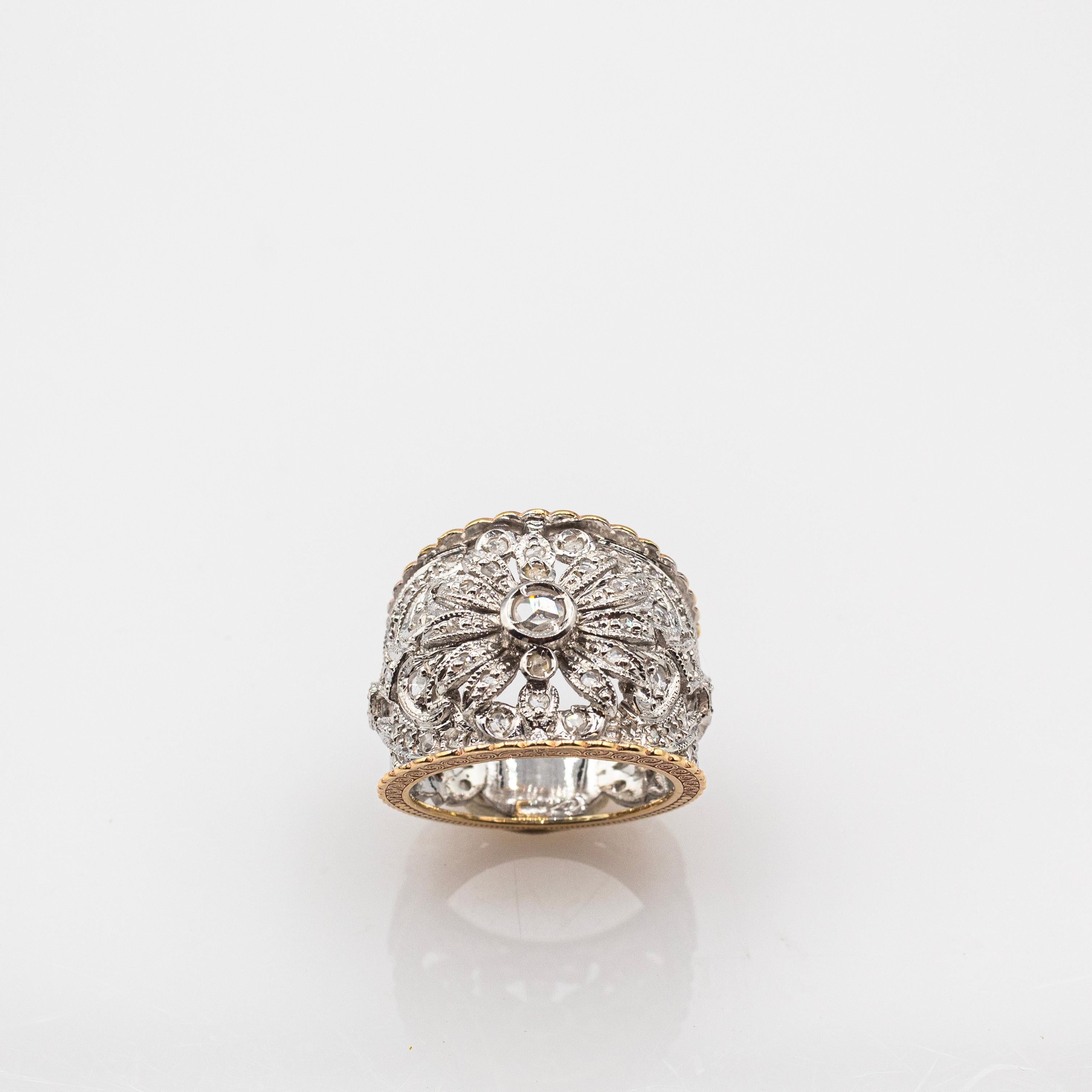 Art Deco Style Handcrafted White Rose Cut Diamond Yellow Gold Band Ring In New Condition For Sale In Naples, IT