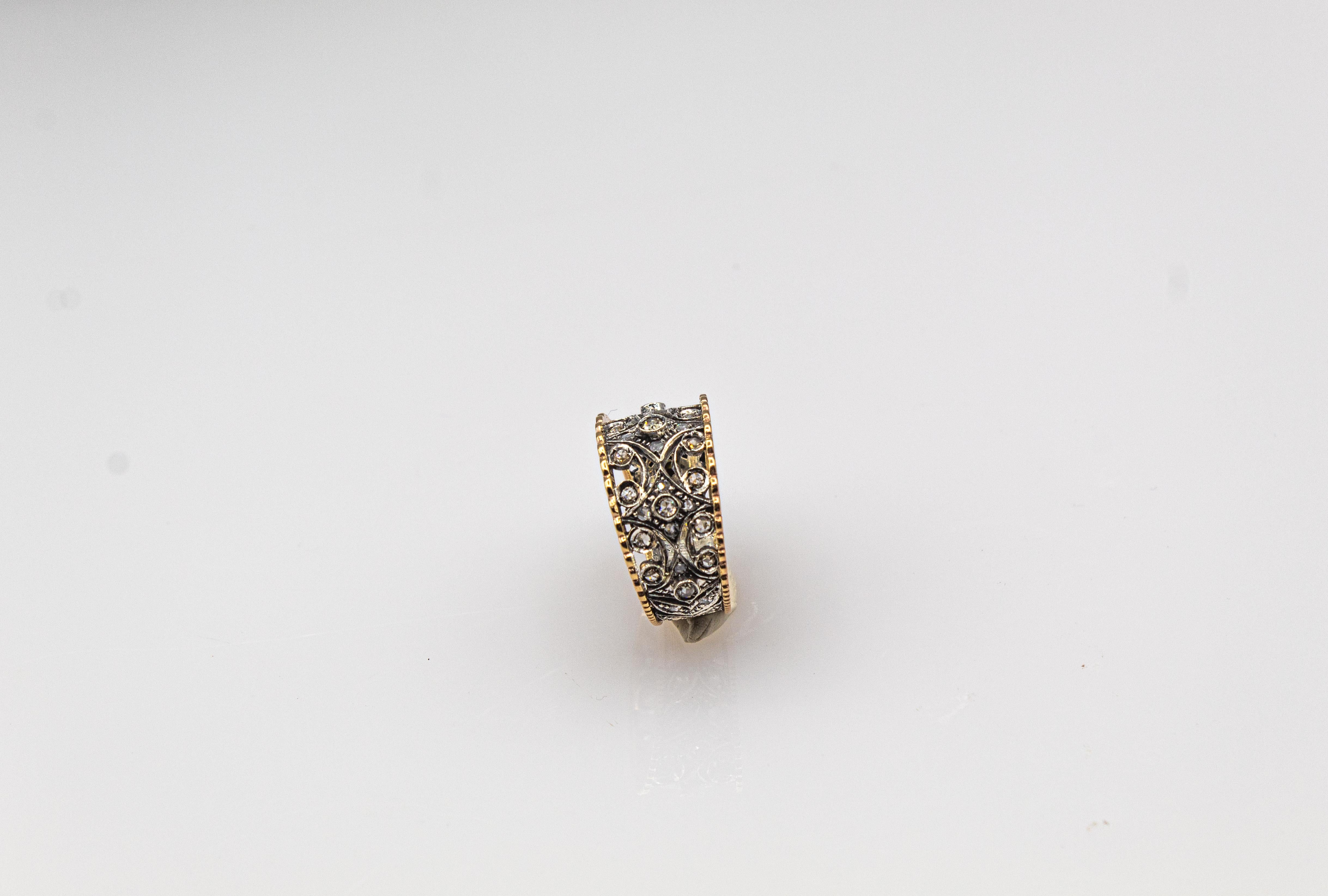 Women's or Men's Art Deco Style Handcrafted White Rose Cut Diamond Yellow Gold Band Ring For Sale