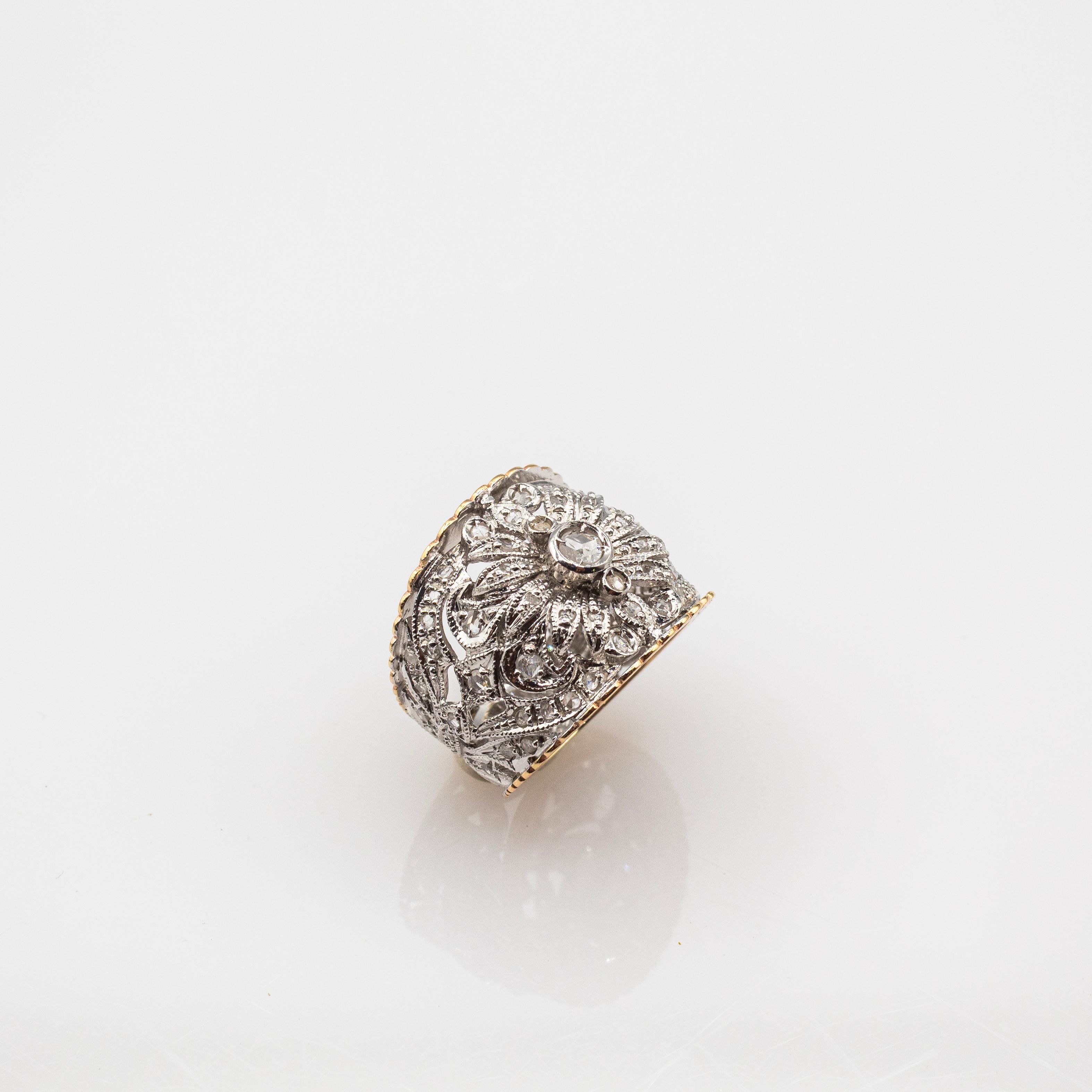 Women's or Men's Art Deco Style Handcrafted White Rose Cut Diamond Yellow Gold Band Ring For Sale