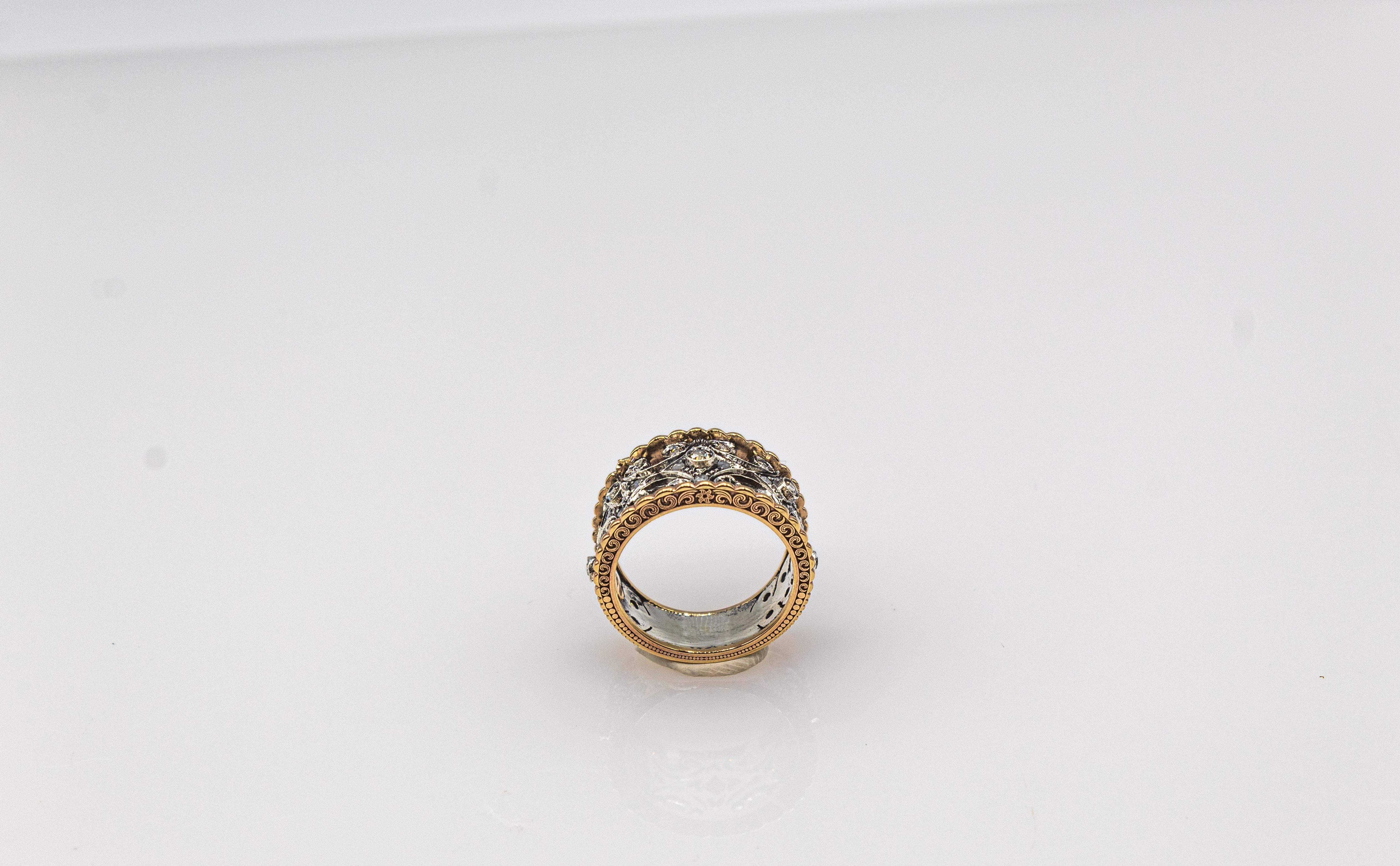 Art Deco Style Handcrafted White Rose Cut Diamond Yellow Gold Band Ring For Sale 1