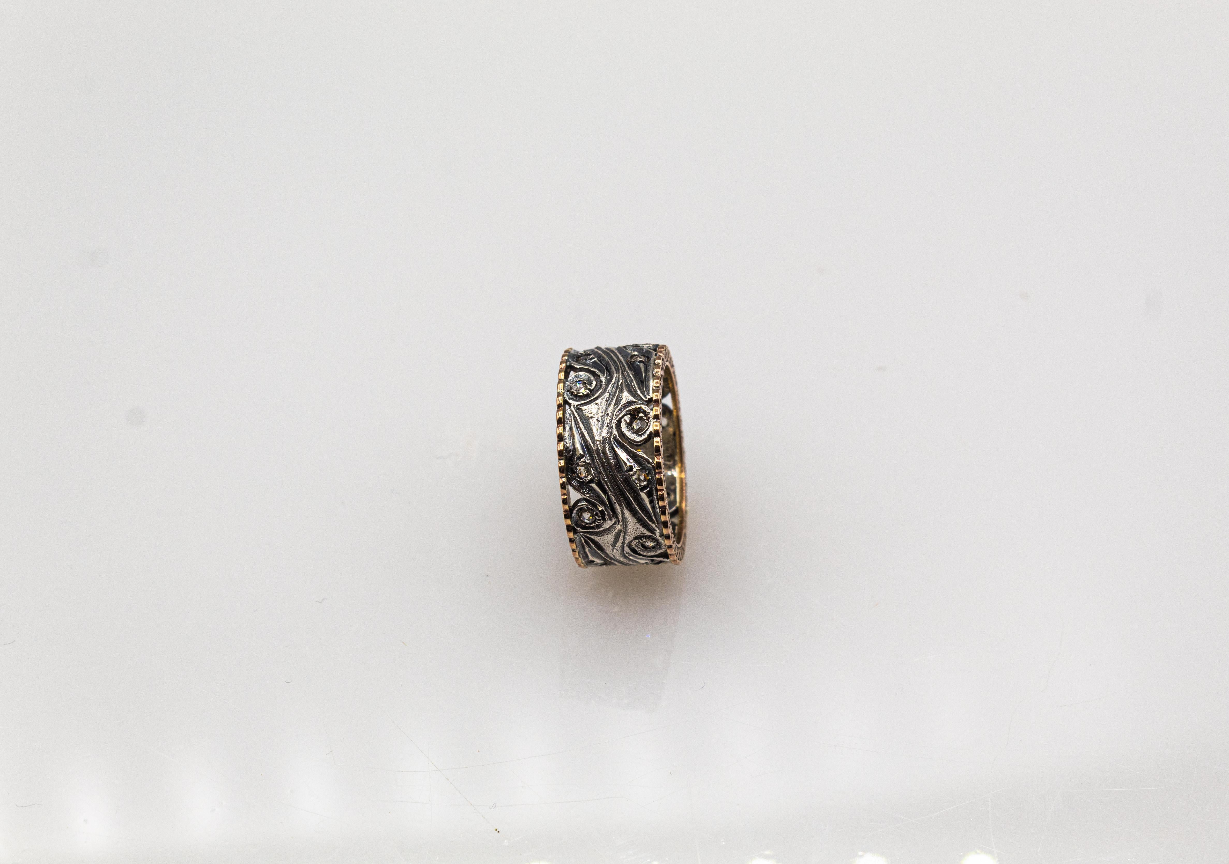 Bague jonc de style Art déco en or jaune avec diamants blancs taille rose, fabriquée à la main Unisexe en vente