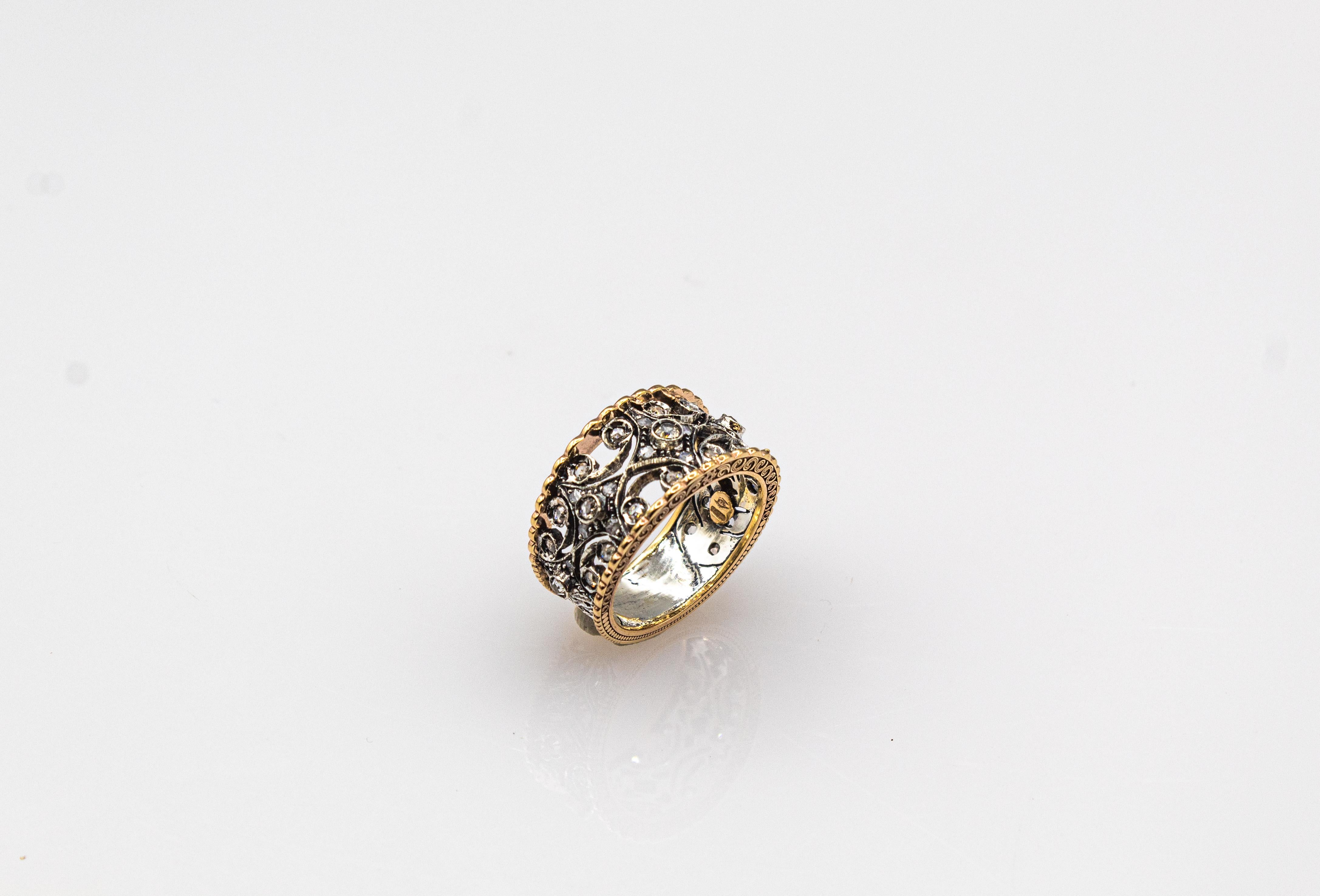 Gelbgoldring im Art-déco-Stil mit handgefertigtem weißem Diamanten im Rosenschliff im Angebot 1