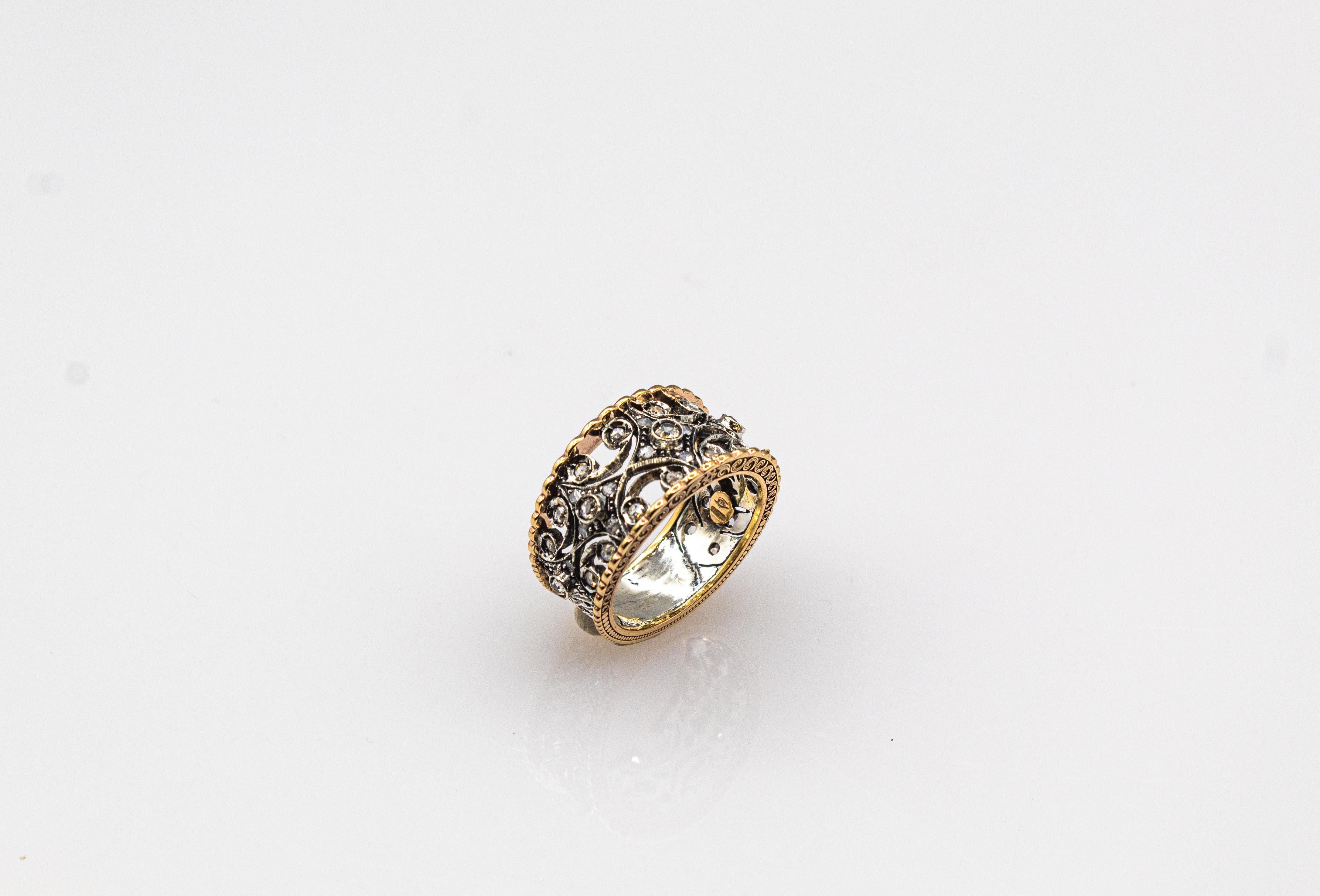 Art Deco Style Handcrafted White Rose Cut Diamond Yellow Gold Band Ring For Sale 2