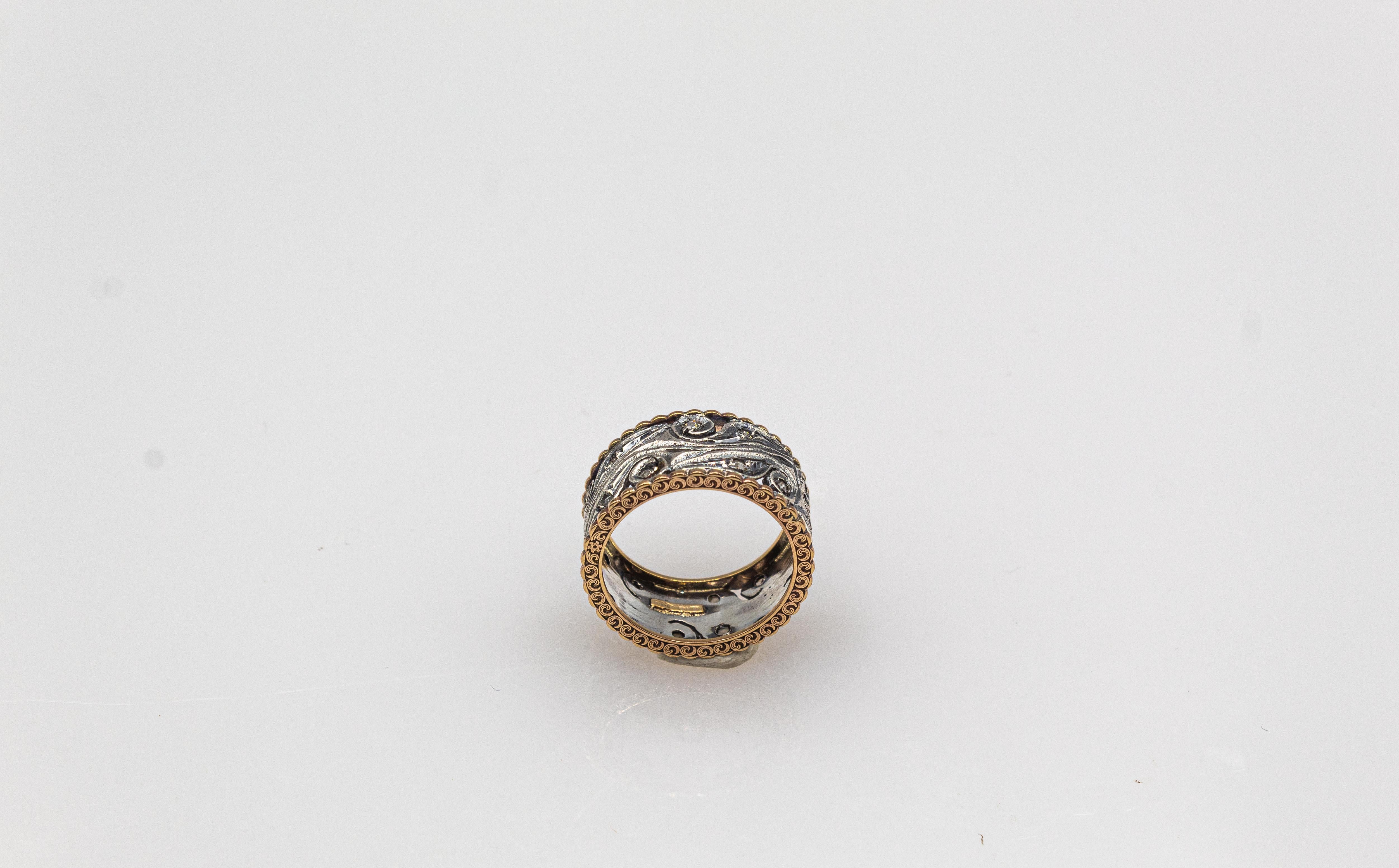 Art Deco Style Handcrafted White Rose Cut Diamond Yellow Gold Band Ring For Sale 2