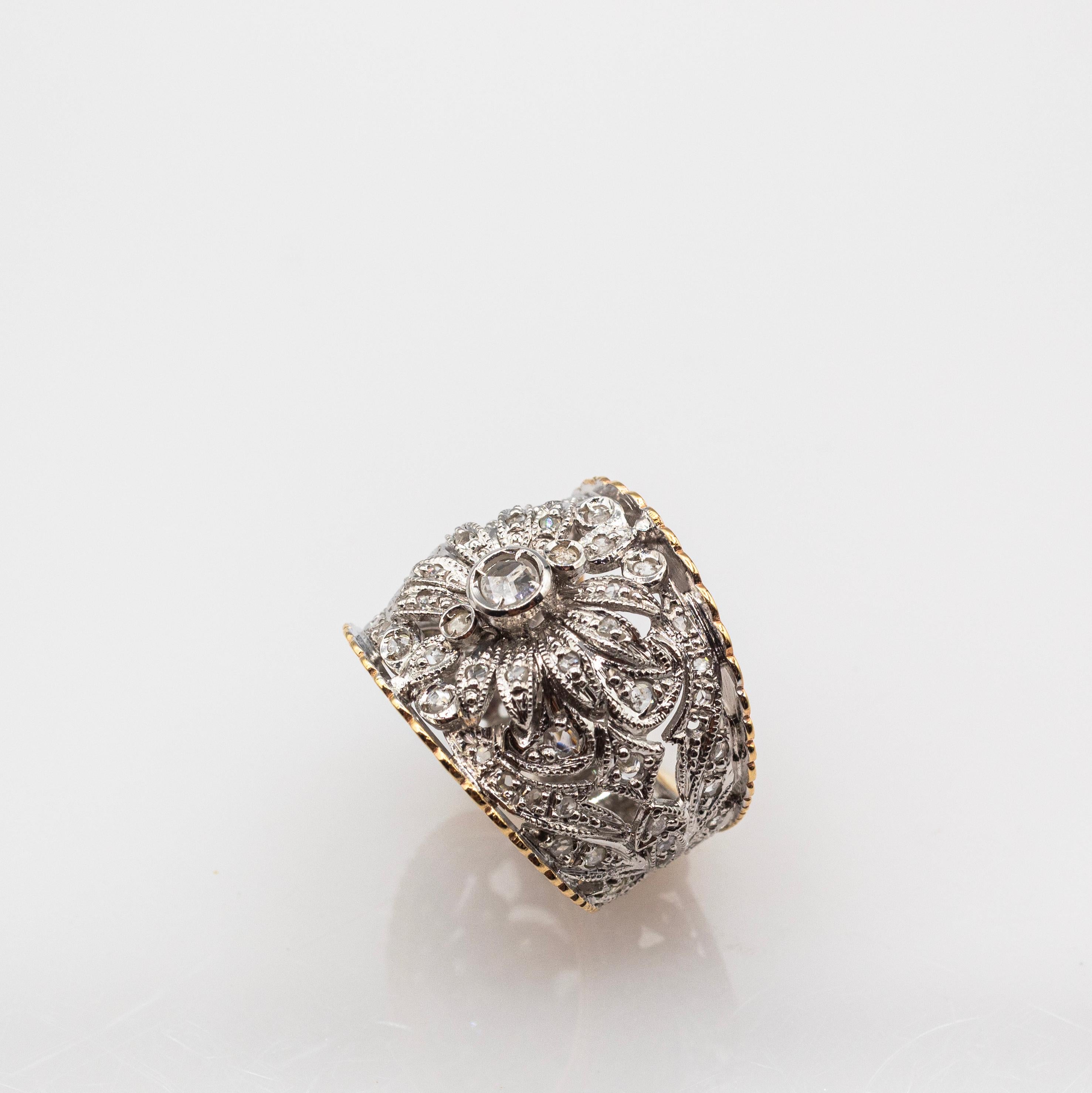 Art Deco Style Handcrafted White Rose Cut Diamond Yellow Gold Band Ring For Sale 3