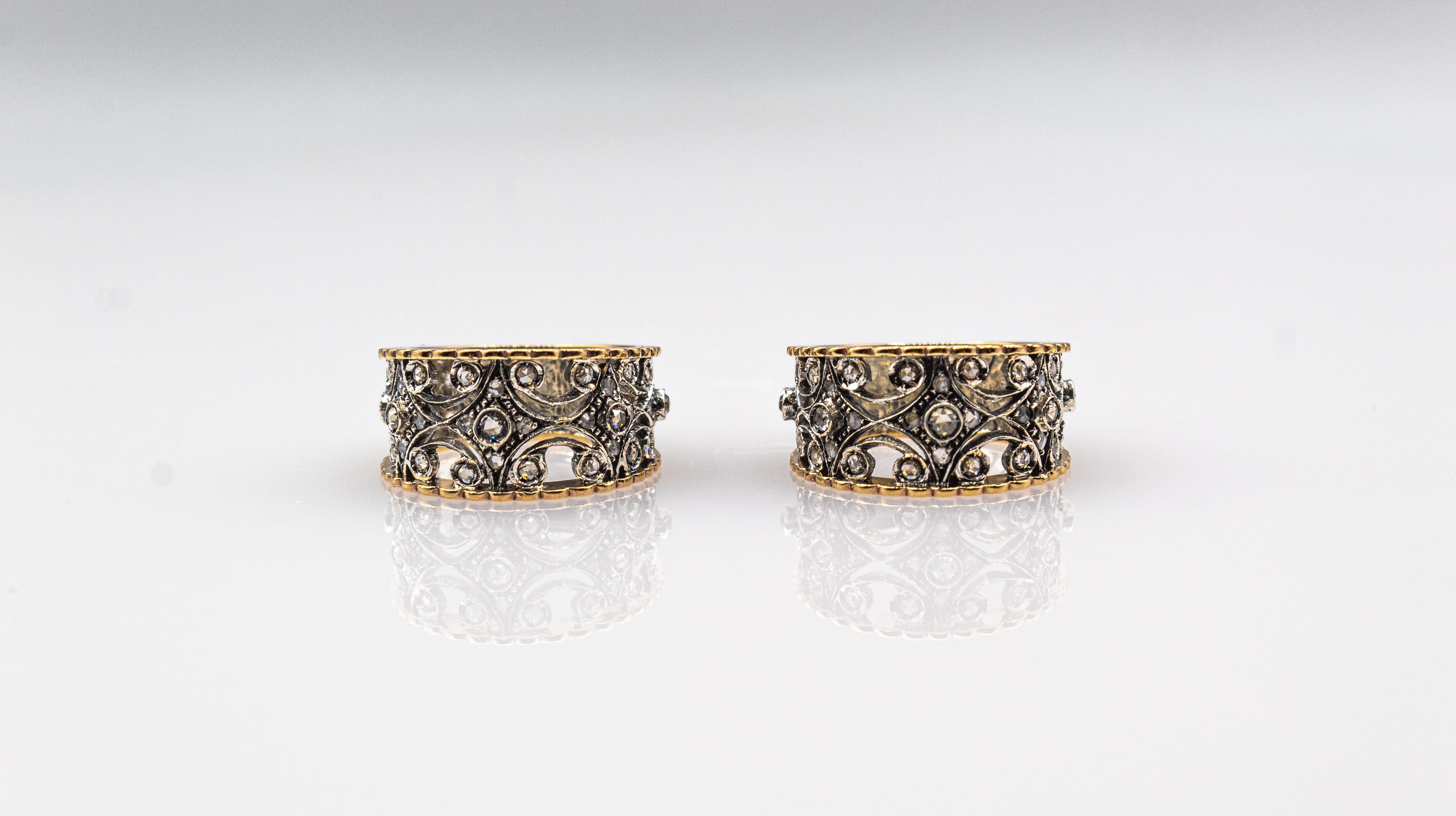 Bague jonc de style Art déco en or jaune avec diamants blancs taille rose, fabriquée à la main en vente 2