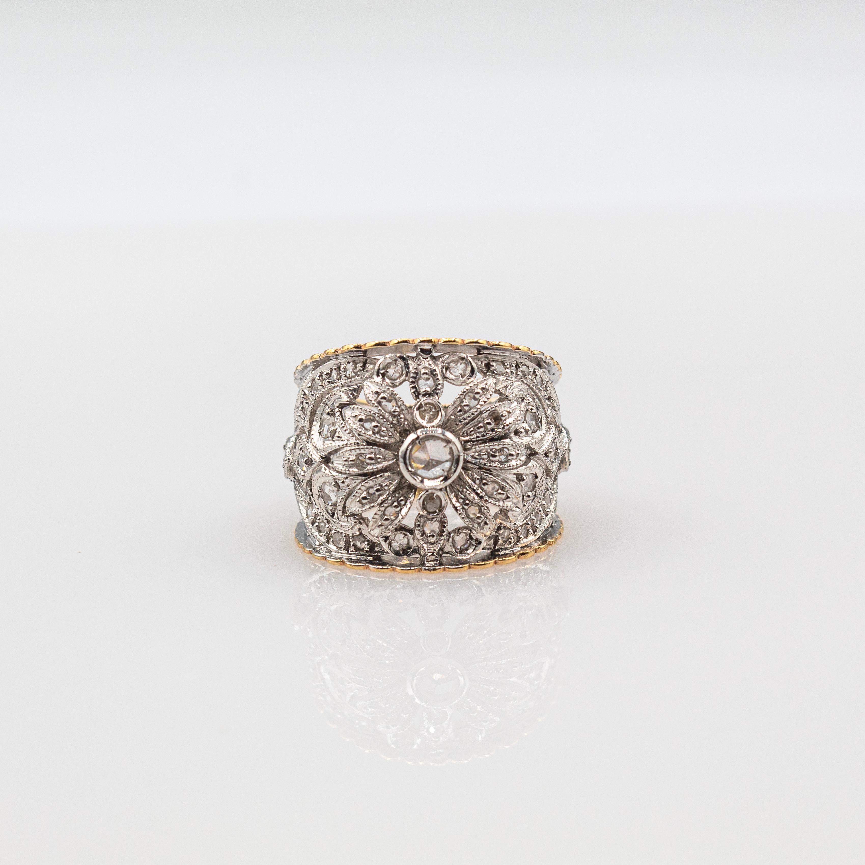 Art Deco Style Handcrafted White Rose Cut Diamond Yellow Gold Band Ring For Sale 4