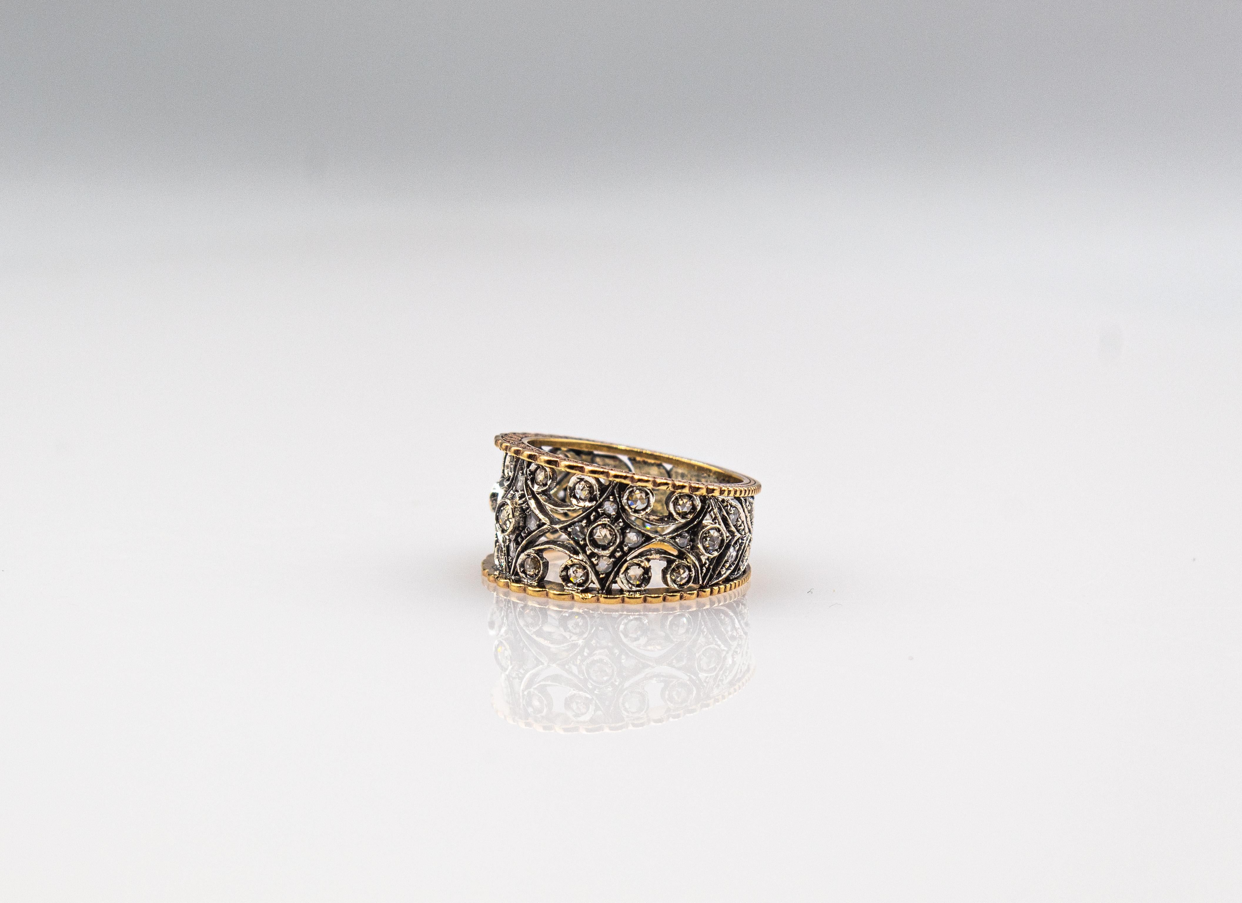 Art Deco Style Handcrafted White Rose Cut Diamond Yellow Gold Band Ring For Sale 5