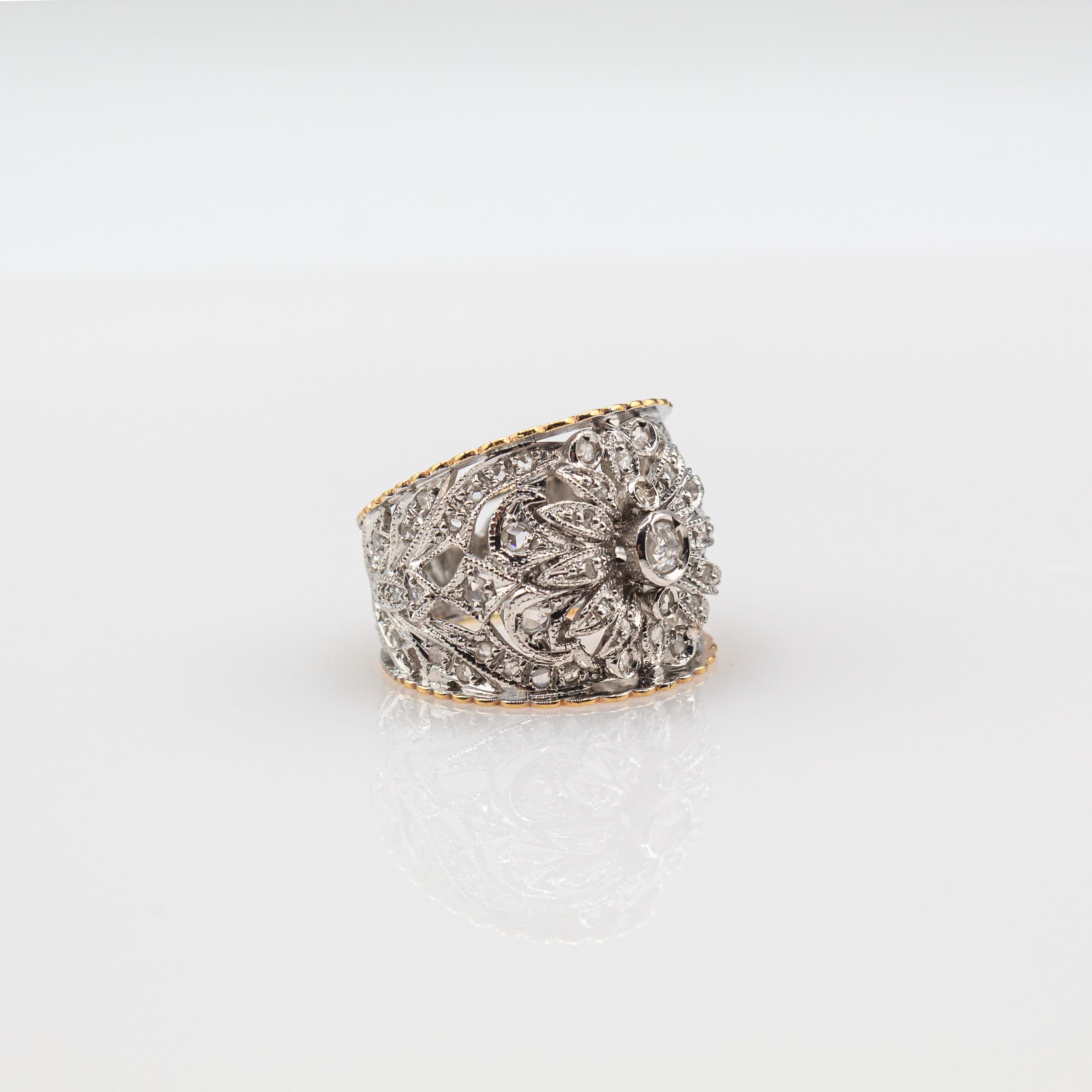Art Deco Style Handcrafted White Rose Cut Diamond Yellow Gold Band Ring For Sale 5