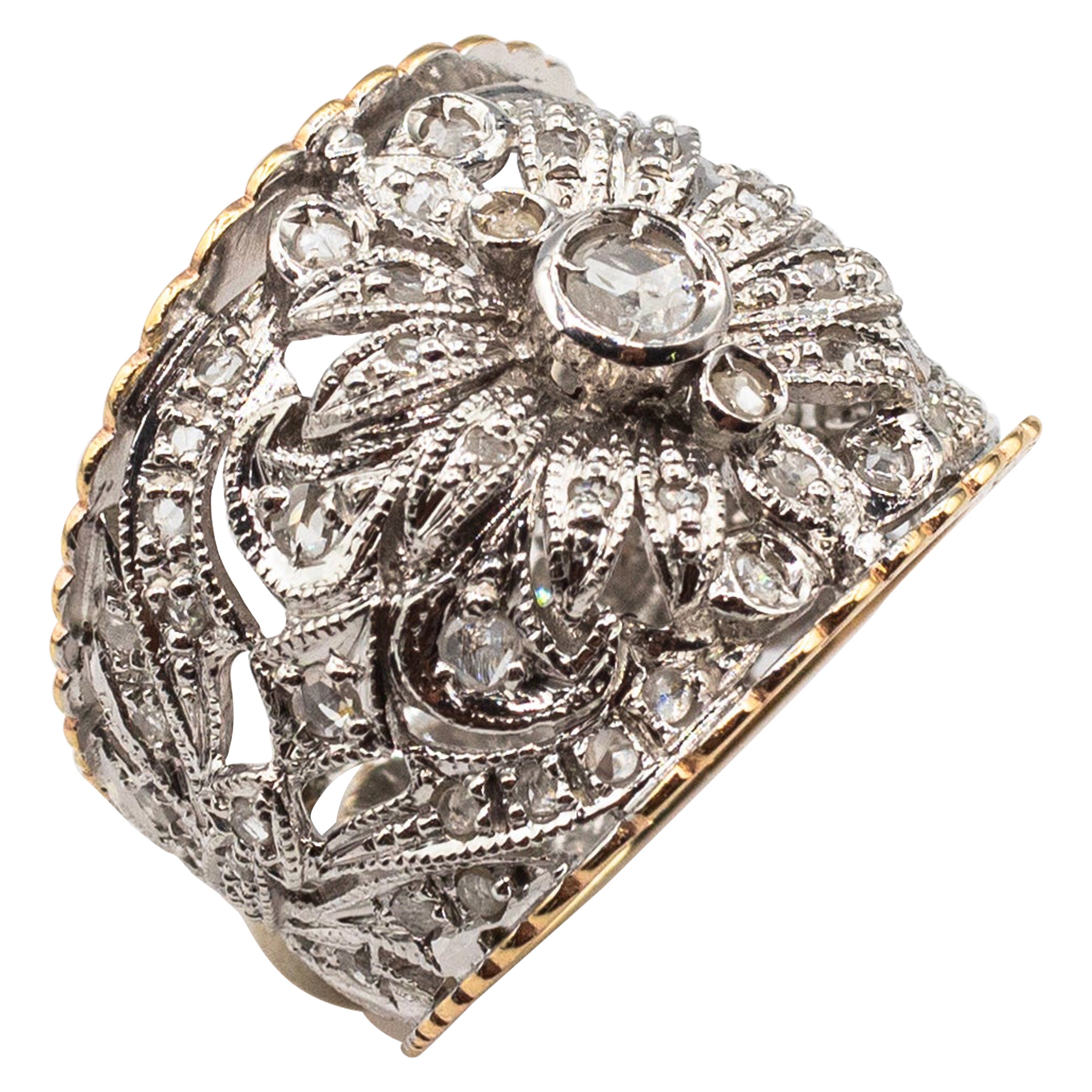 Gelbgoldring im Art-déco-Stil mit handgefertigtem weißem Diamanten im Rosenschliff