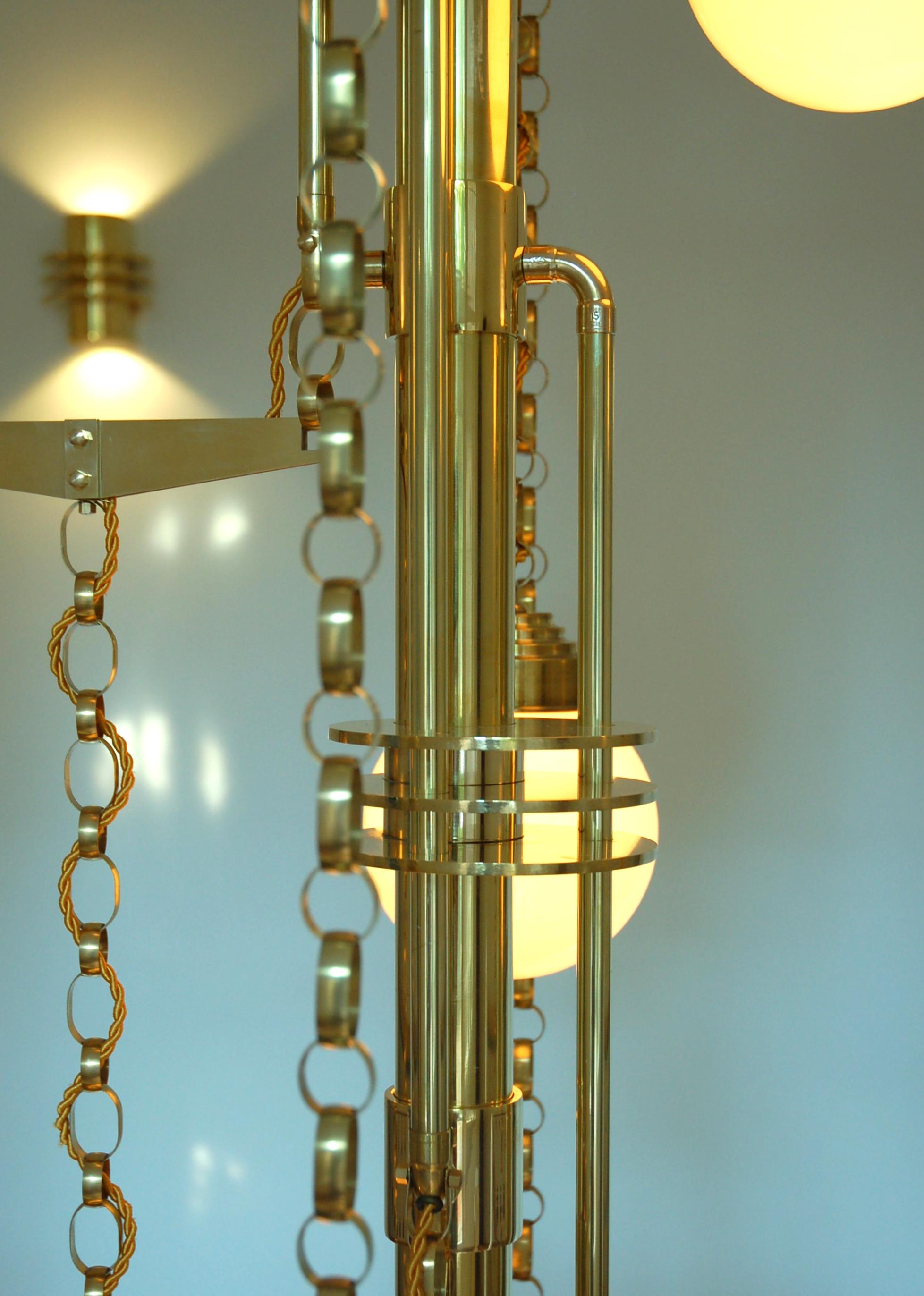 Art Deco Style Handmade Cascade Full Brass and Glass Light Fixture, Contemporary For Sale 8
