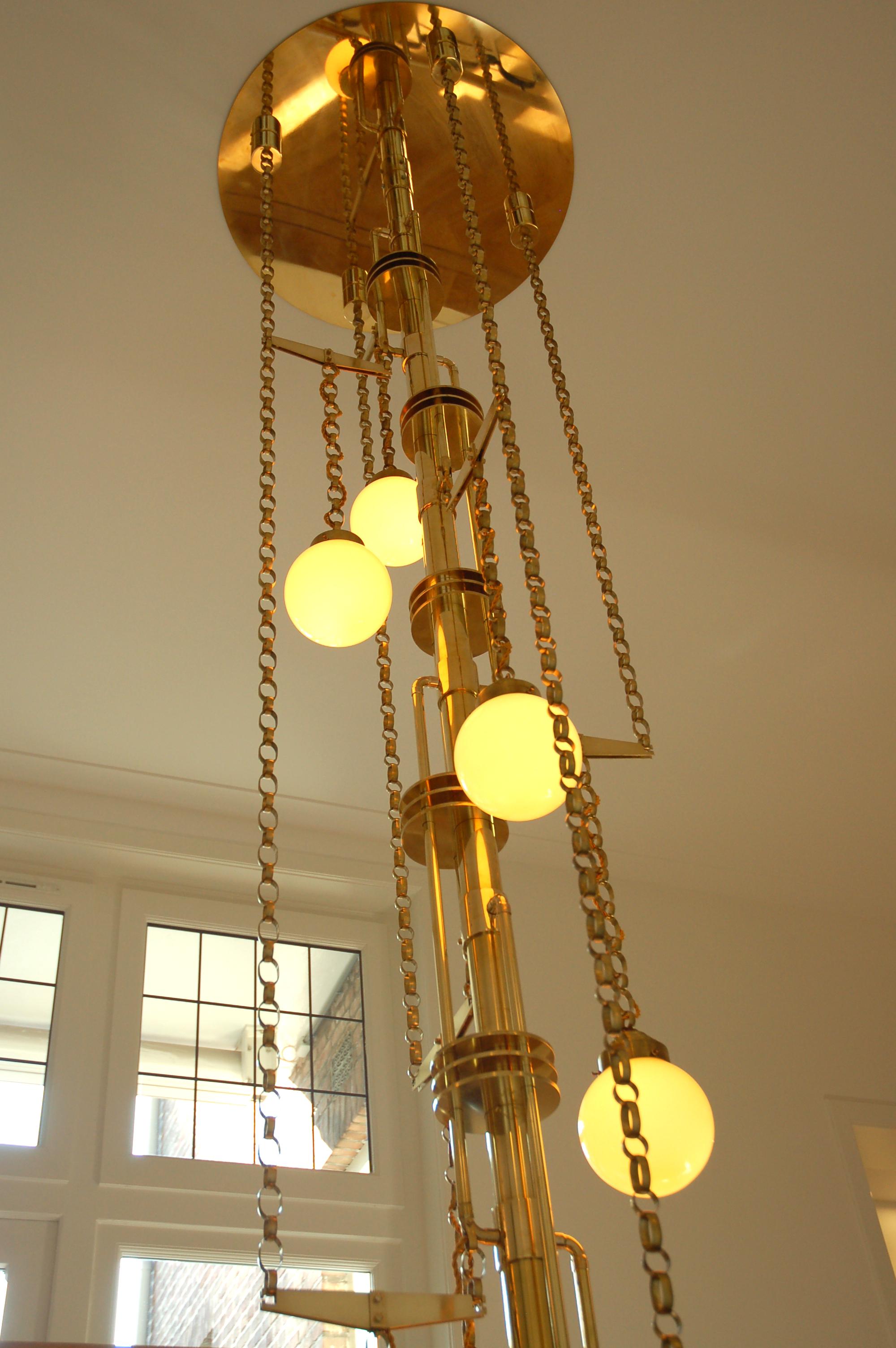 Art Deco Style Handmade Cascade Full Brass and Glass Light Fixture, Contemporary For Sale 1