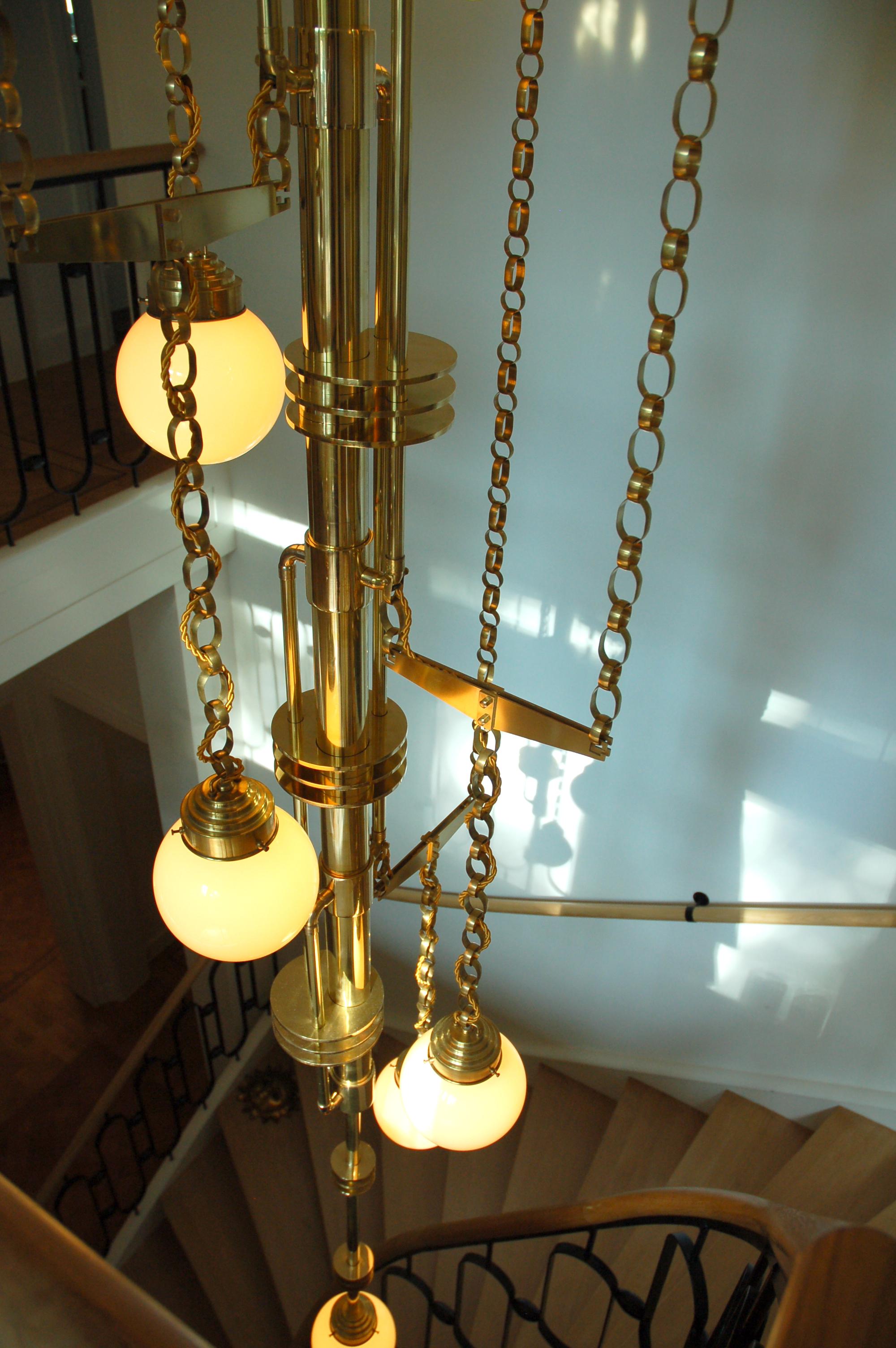 Art Deco Style Handmade Cascade Full Brass and Glass Light Fixture, Contemporary For Sale 2