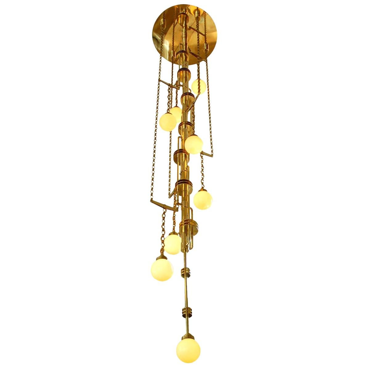 Art Deco Style Handmade Cascade Full Brass and Glass Light Fixture, Contemporary For Sale