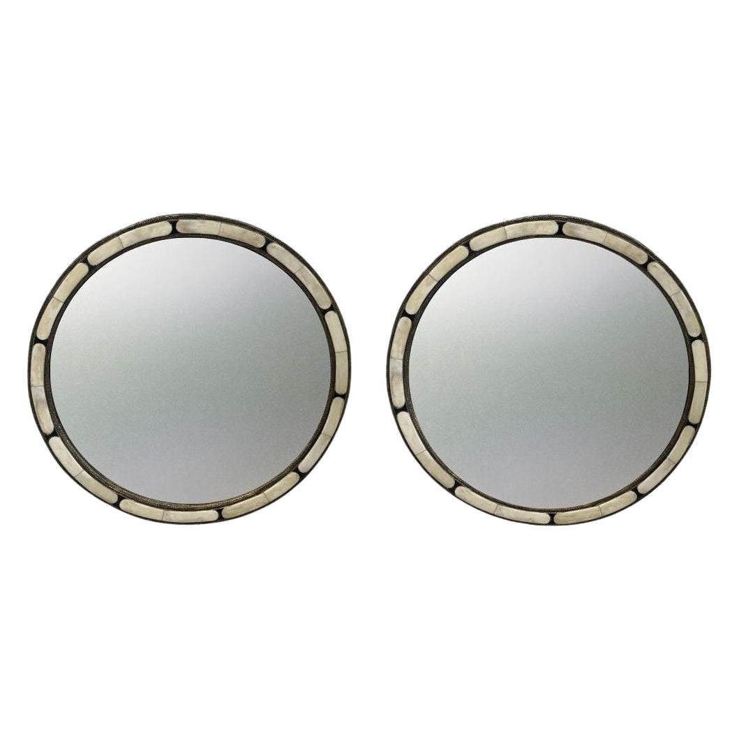 Style Art Déco Fait Main Blanc & Noir avec  Miroir rond incrusté de laiton, une paire