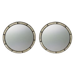 Art Deco Style Handmade White & Black with  Brass Inlay Round Mirror, a Pair