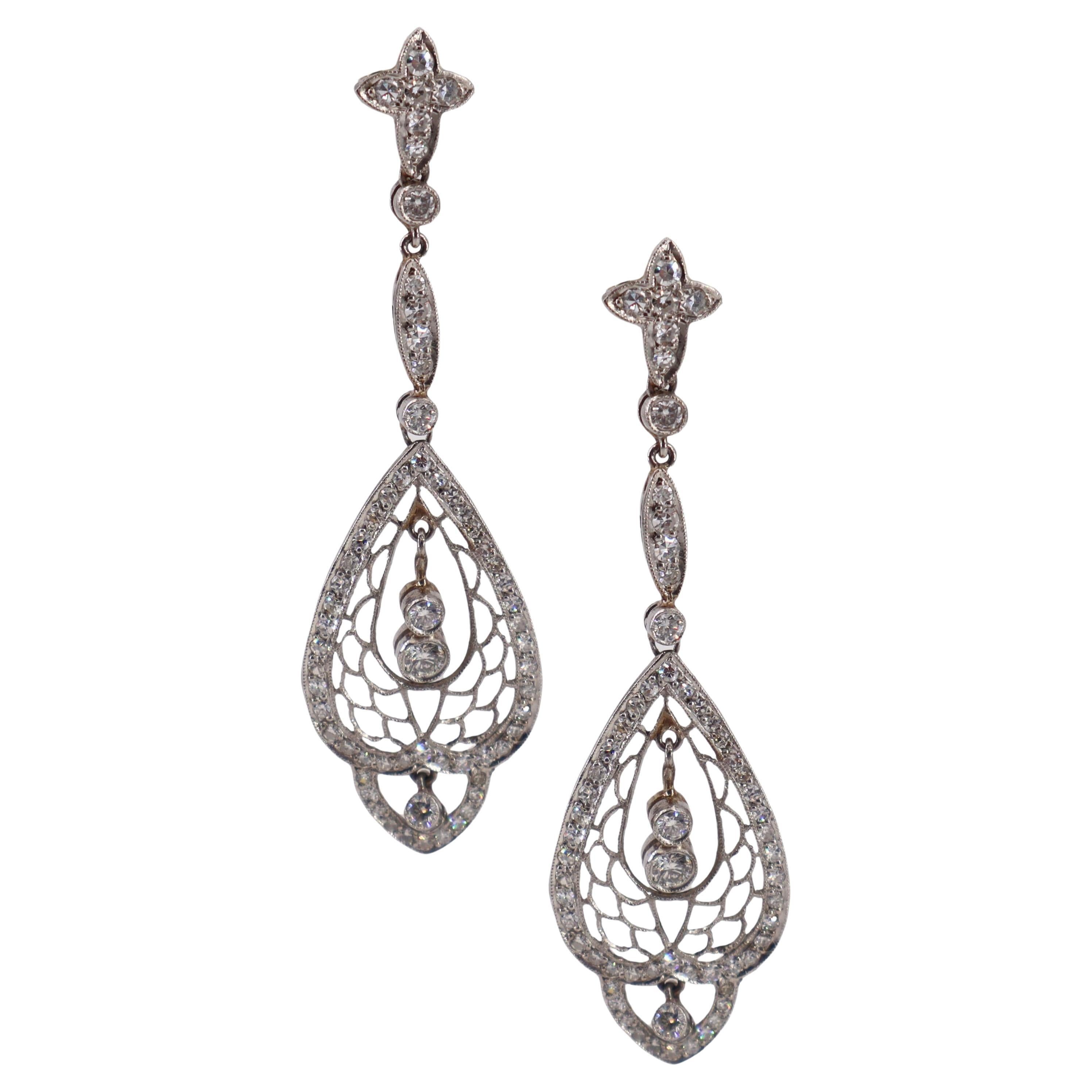 Art Deco style Hanging Earrings in Platinum with 2.35 carats in Diamonds